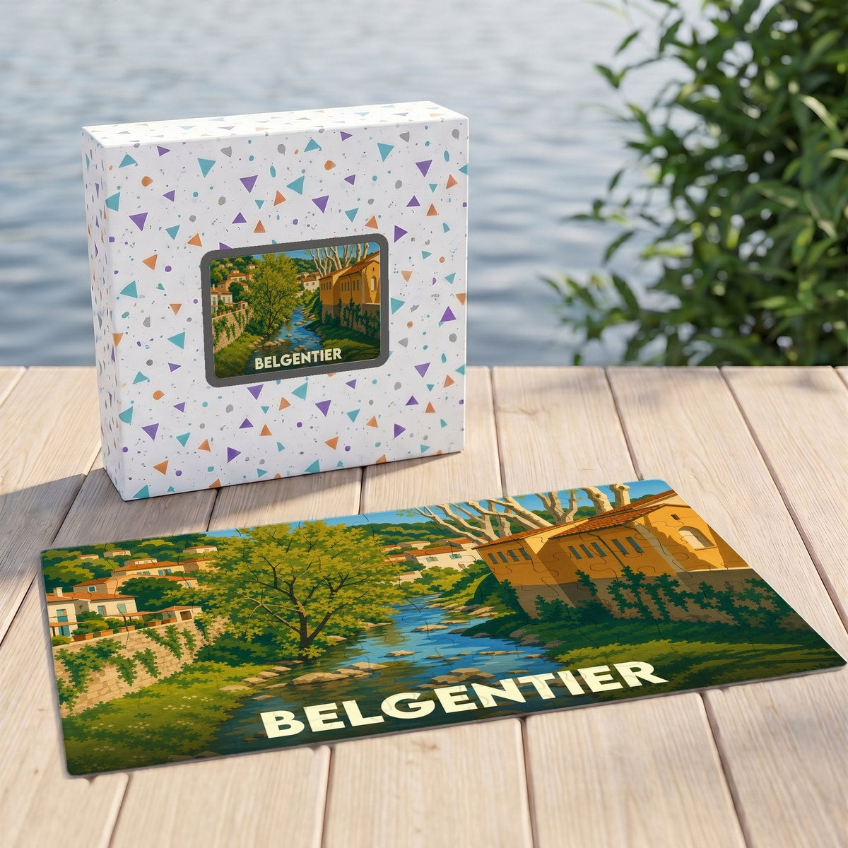 Puzzle souvenir de la ville de Belgentier avec une illustration stylisée d'un paysage provençal.