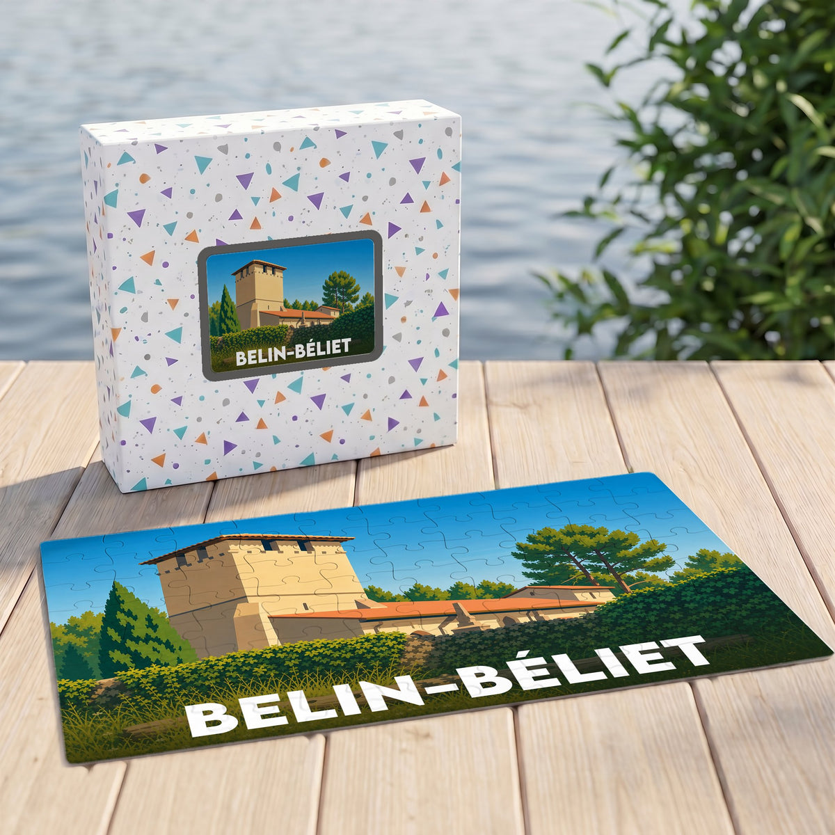 Puzzle souvenir de la ville de Belin-Béliet avec une illustration stylisée d'un monument historique.