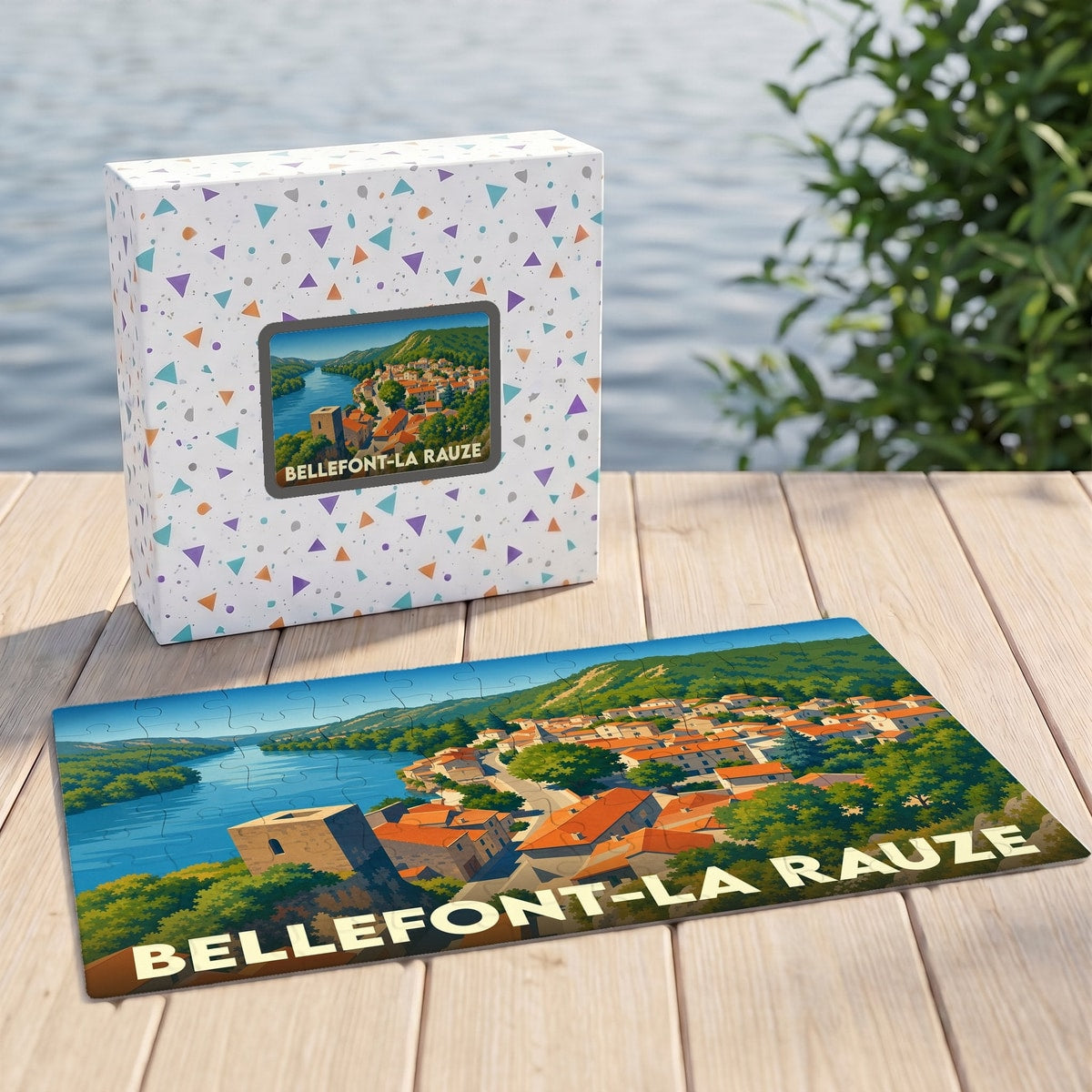 Puzzle souvenir de la ville de Bellefont-La Rauze avec une illustration stylisée.