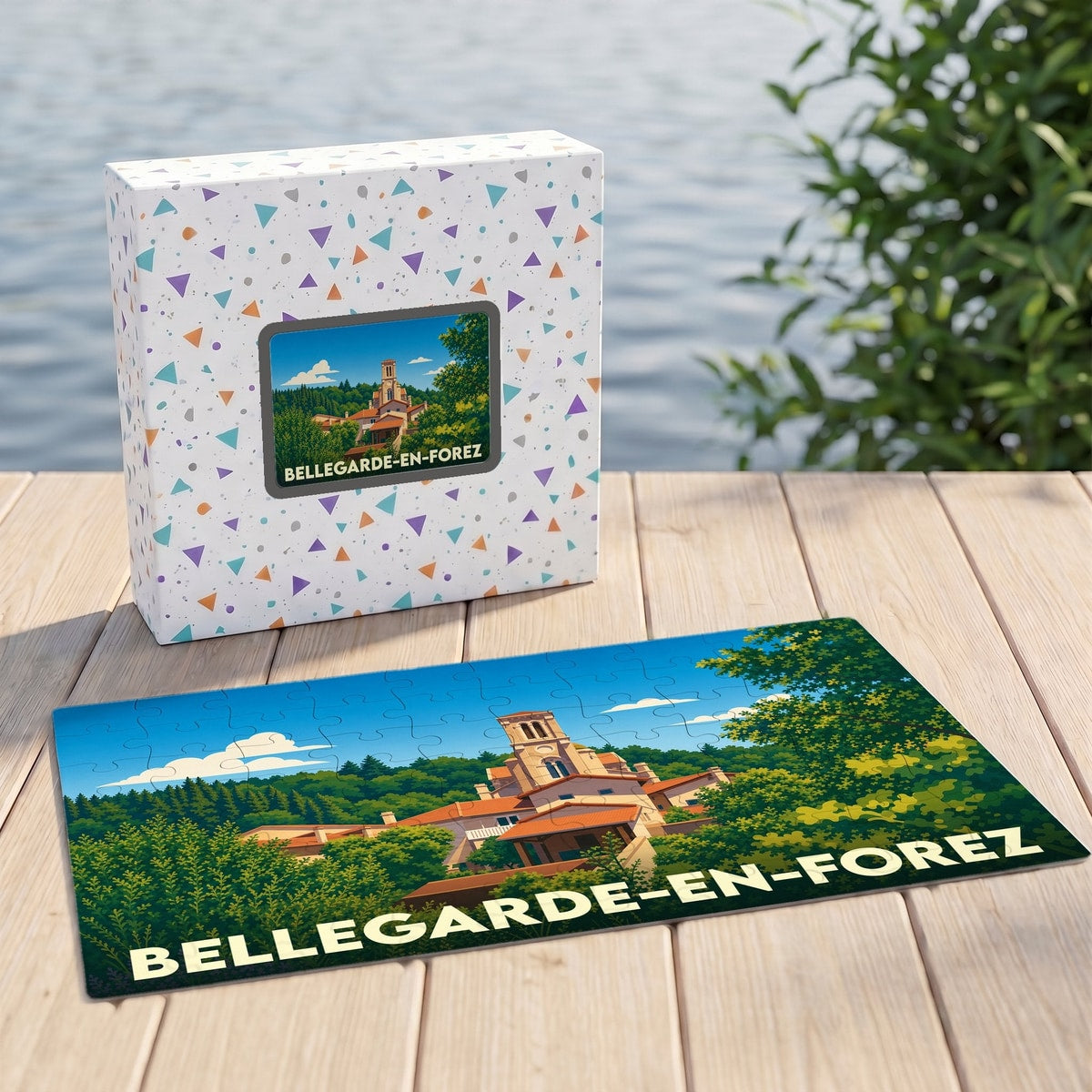Puzzle souvenir de la ville de Bellegarde-en-Forez avec une illustration stylisée du paysage local.