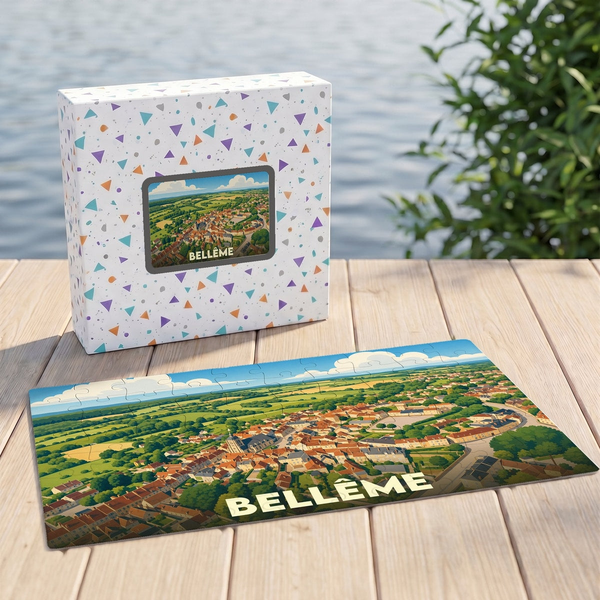 Puzzle souvenir de la ville de Bellême avec une illustration colorée vue du ciel.