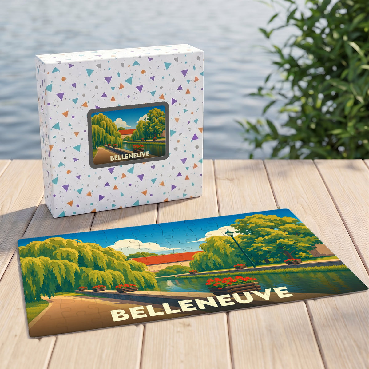 Puzzle souvenir de la ville de Belleneuve avec une illustration colorée et stylisée d'un canal bordé de saules pleureurs.
