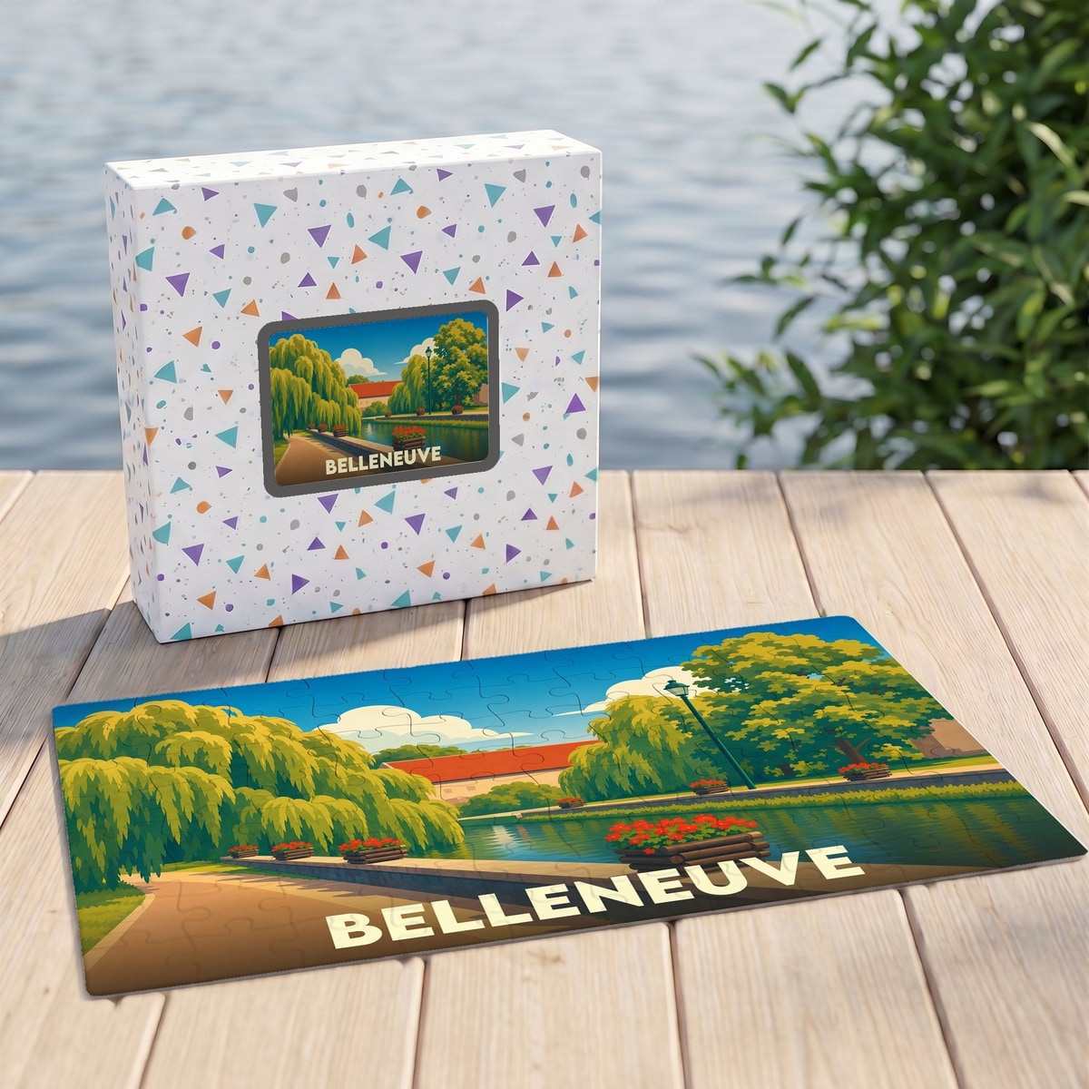 Puzzle souvenir de la ville de Belleneuve avec une illustration colorée et stylisée d'un canal bordé de saules pleureurs.