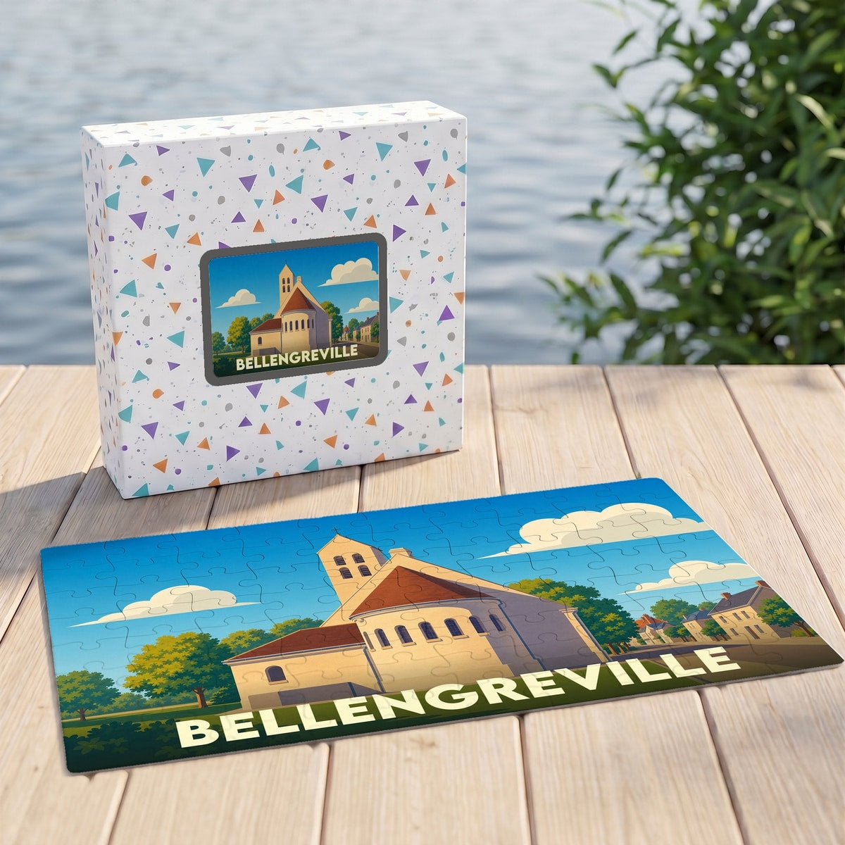 Puzzle souvenir de la ville de Bellengreville avec une illustration stylisée d'une église.
