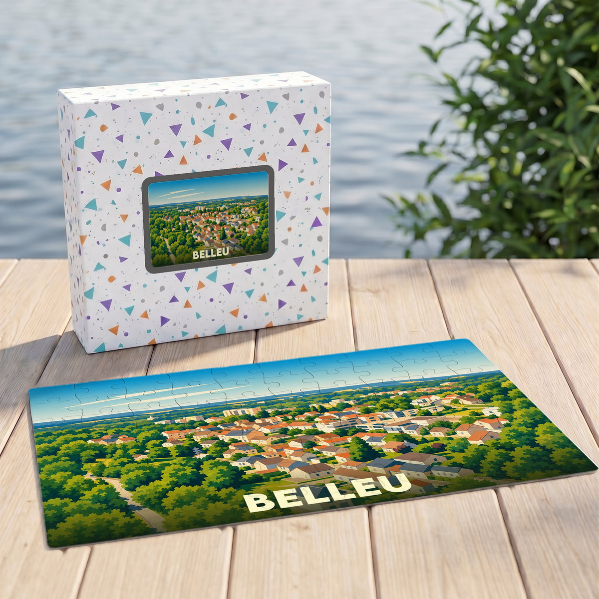 Puzzle souvenir de la ville de Belleu avec une illustration aérienne colorée.