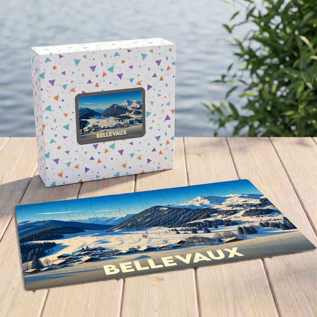 Puzzle souvenir de la ville de Bellevaux représentant un paysage de montagne enneigé avec son coffret assorti.