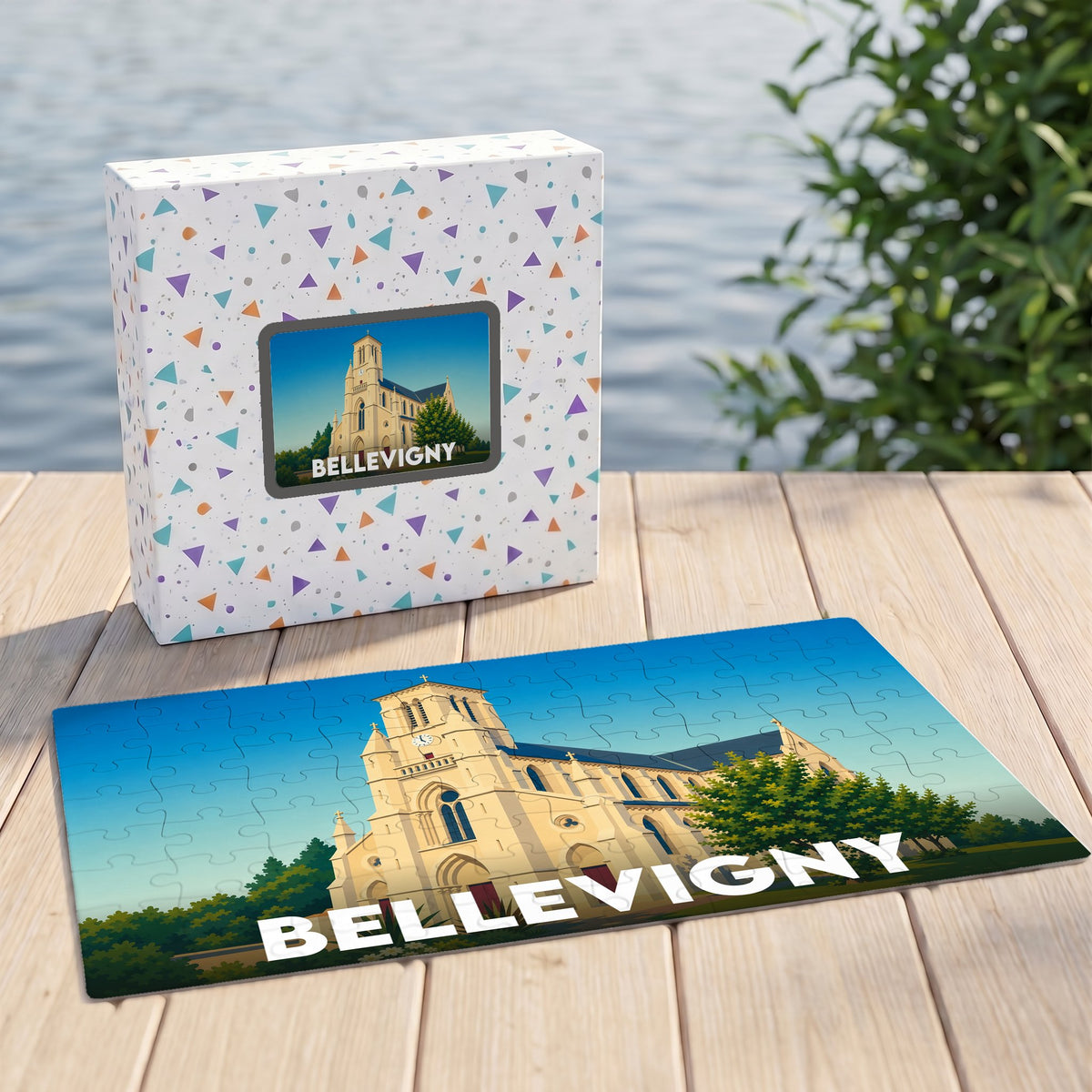 Puzzle souvenir de la ville de Bellevigny avec une illustration stylisée de son église.