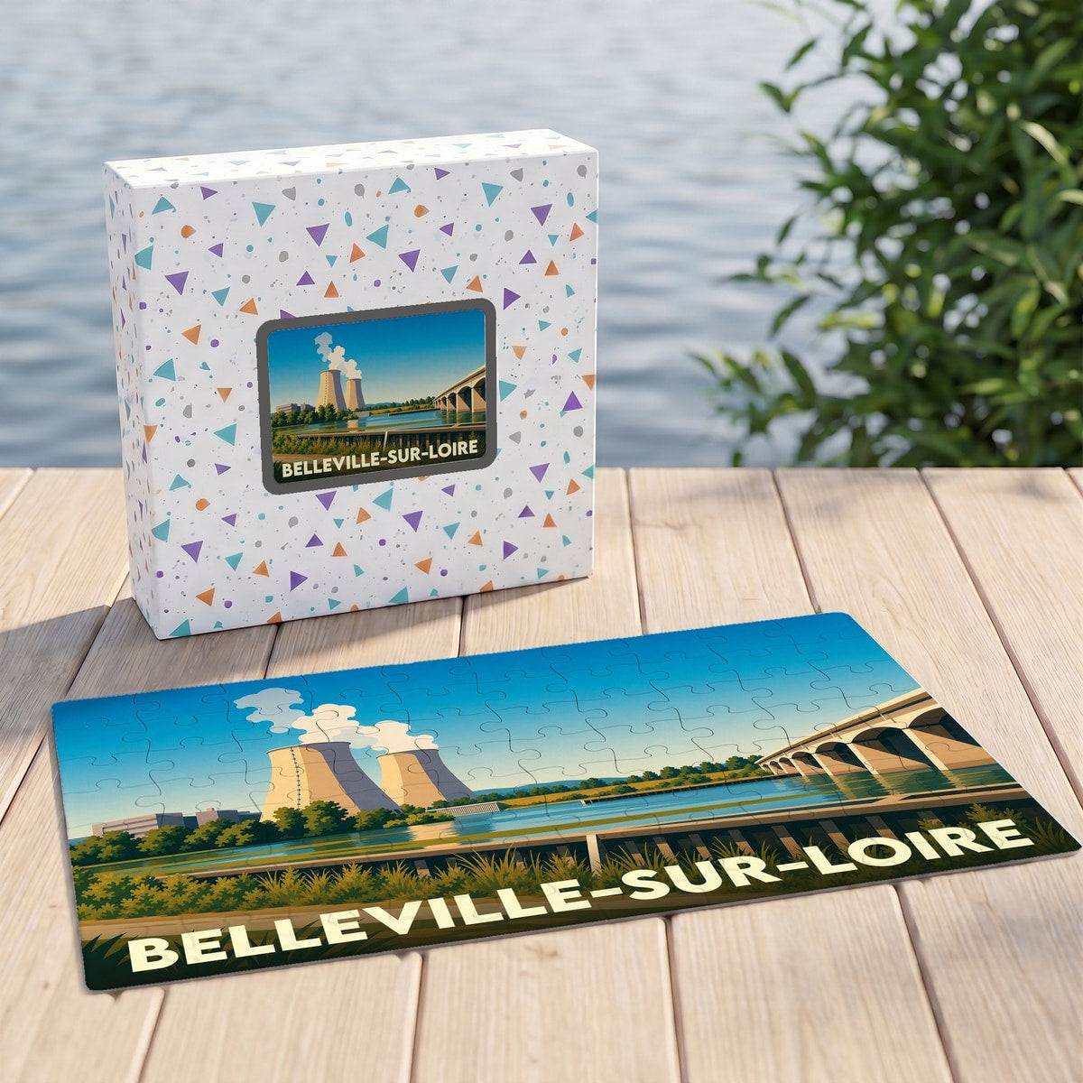 Puzzle souvenir de la ville de Belleville-sur-Loire avec une illustration stylisée d'une centrale nucléaire et d'un pont.