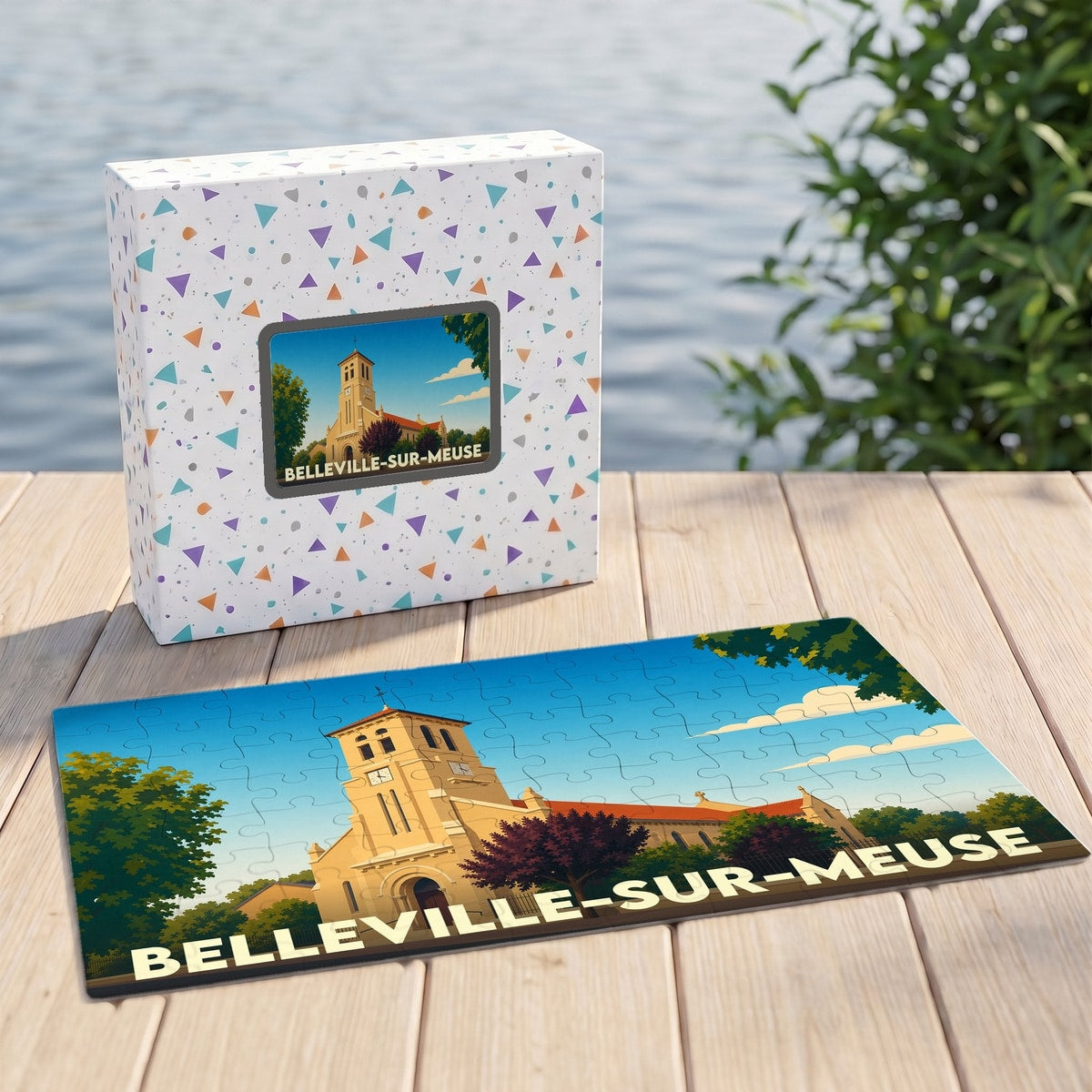 Puzzle souvenir de la ville de Belleville-sur-Meuse avec une illustration stylisée de son église.