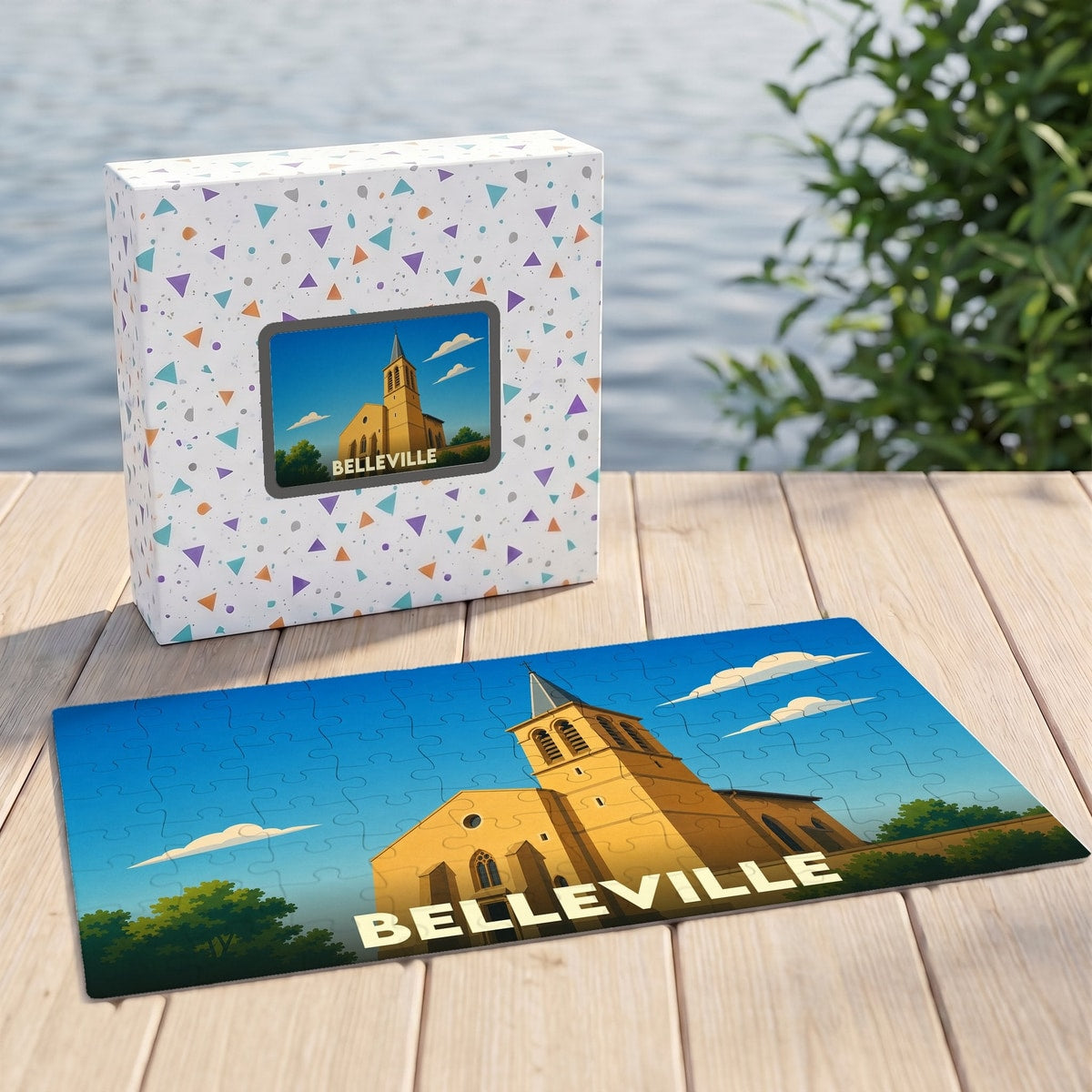 Puzzle souvenir de la ville de Belleville avec une illustration stylisée de son église.