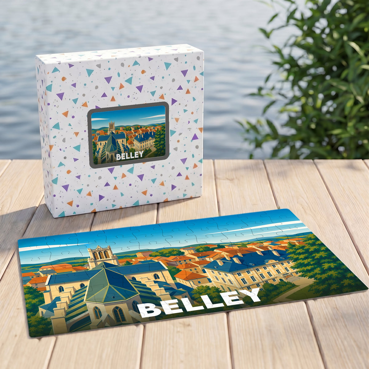 Puzzle souvenir de la ville de Belley avec une illustration colorée de ses toits et monuments.