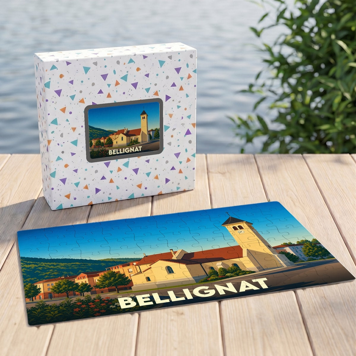 Puzzle souvenir de la ville de Bellignat avec une illustration stylisée de son église et de son paysage urbain.