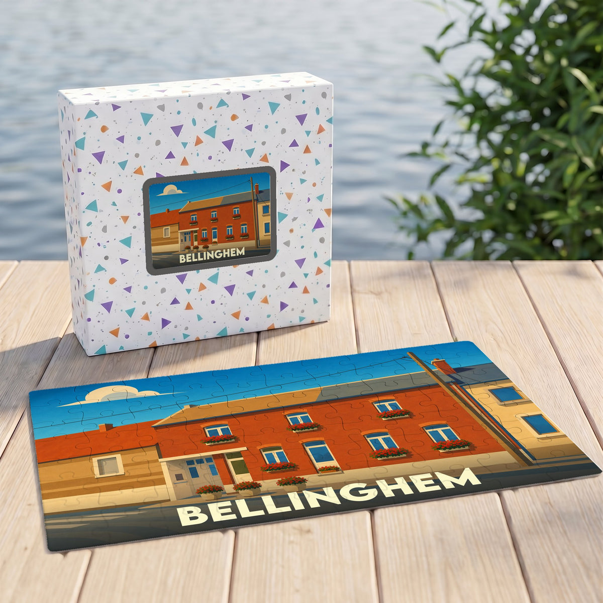 Puzzle souvenir de la ville de Bellinghem avec une illustration stylisée.