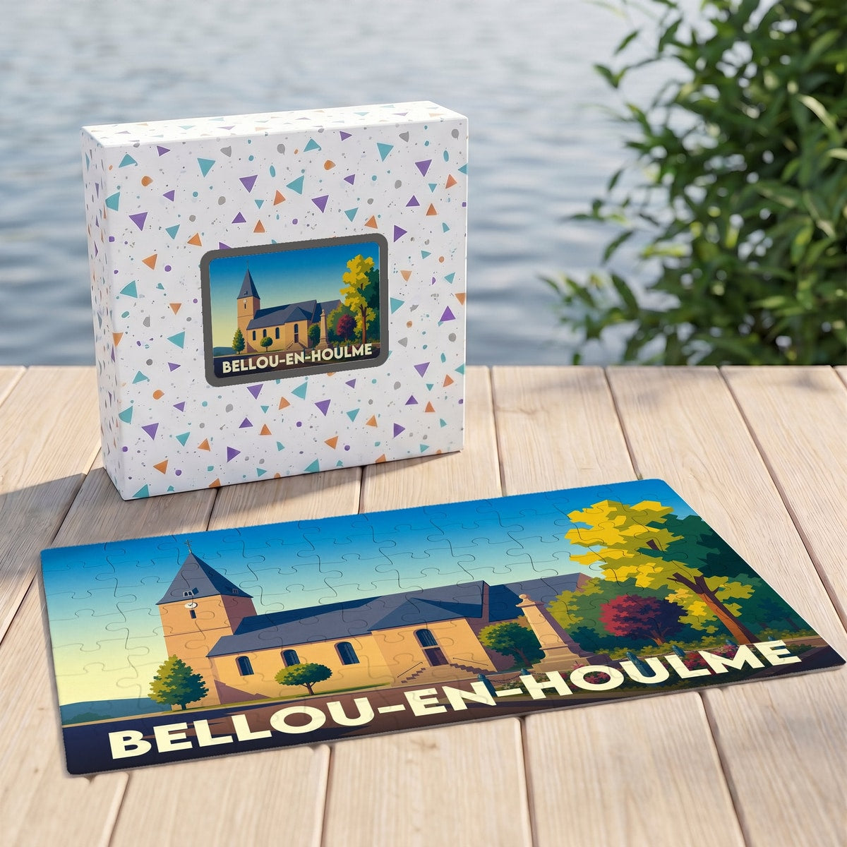 Puzzle souvenir de la ville de Bellou-en-Houlme avec une illustration stylisée de son église.