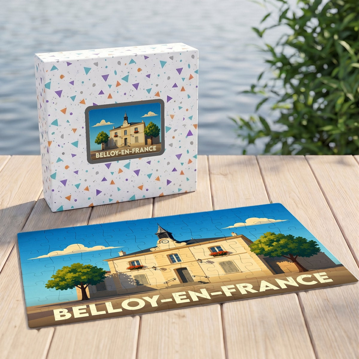 Puzzle souvenir de la ville de Belloy-en-France avec une illustration stylisée de sa mairie.