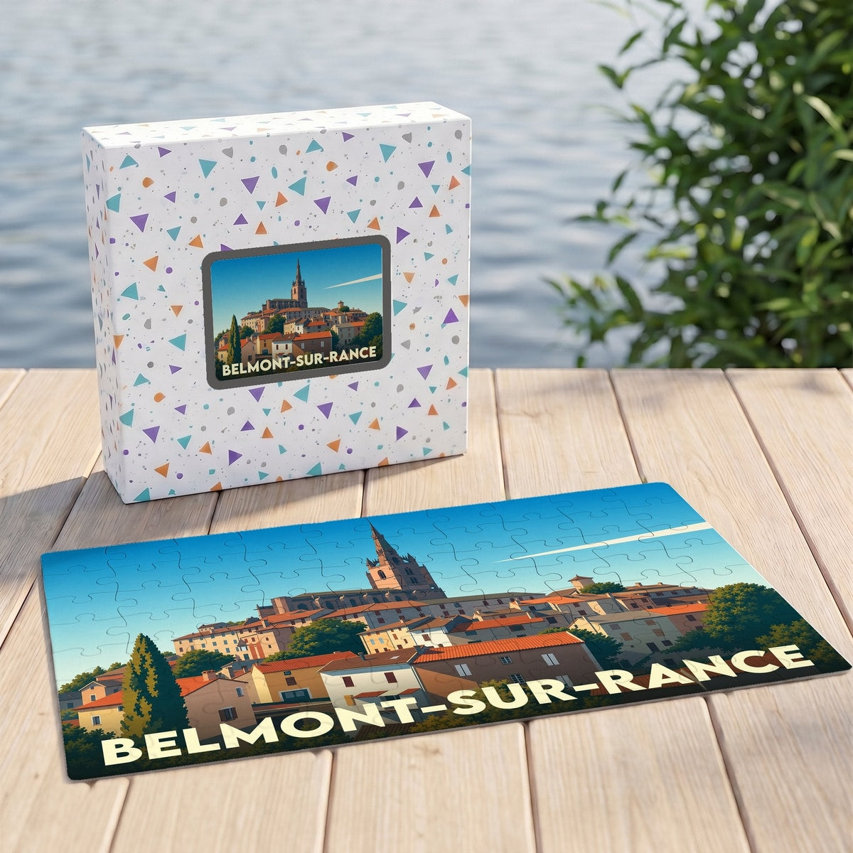 Puzzle souvenir de la ville de Belmont-sur-Rance avec une illustration graphique colorée.