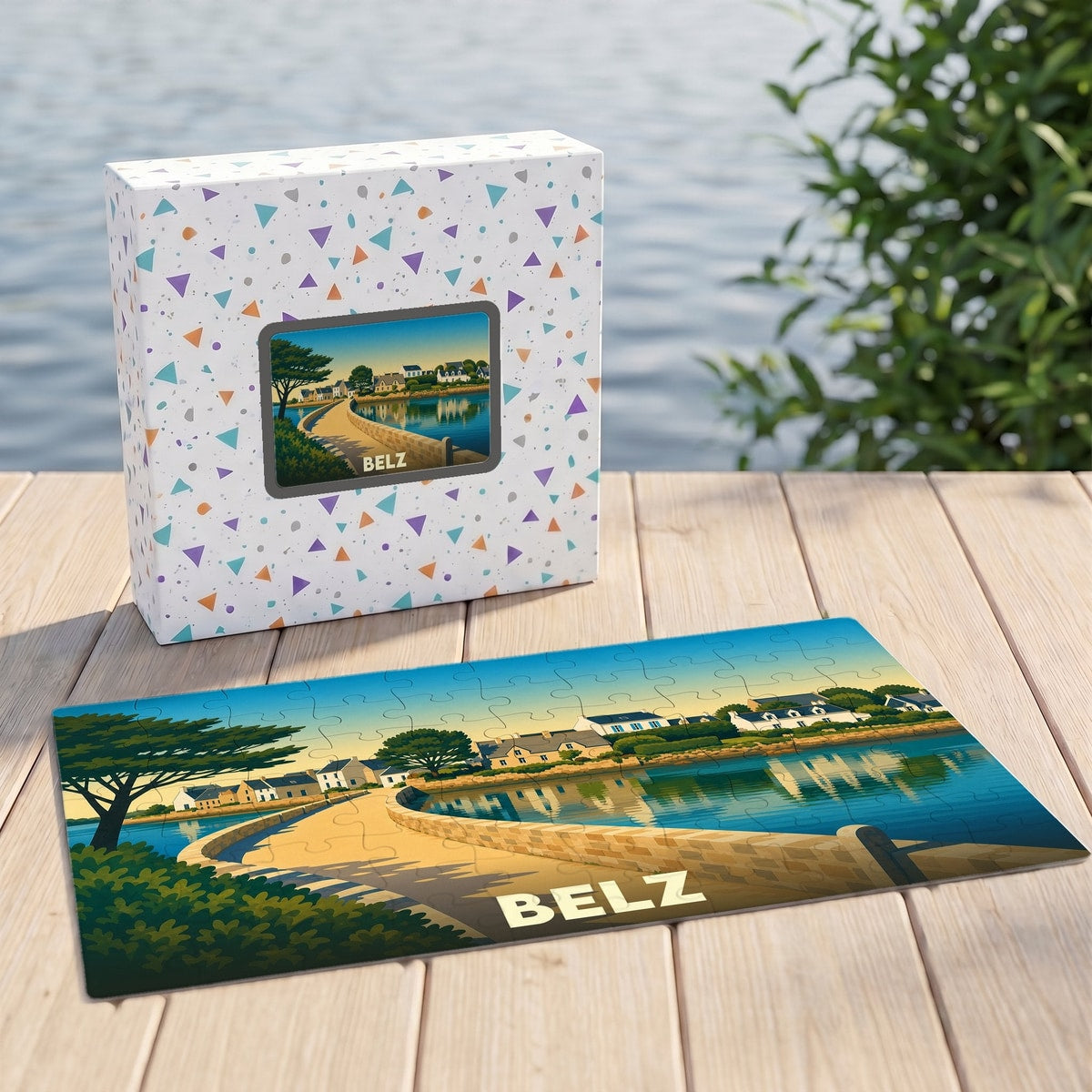 Puzzle souvenir de la ville de Belz illustrant une jetée côtière dans un style graphique épuré.