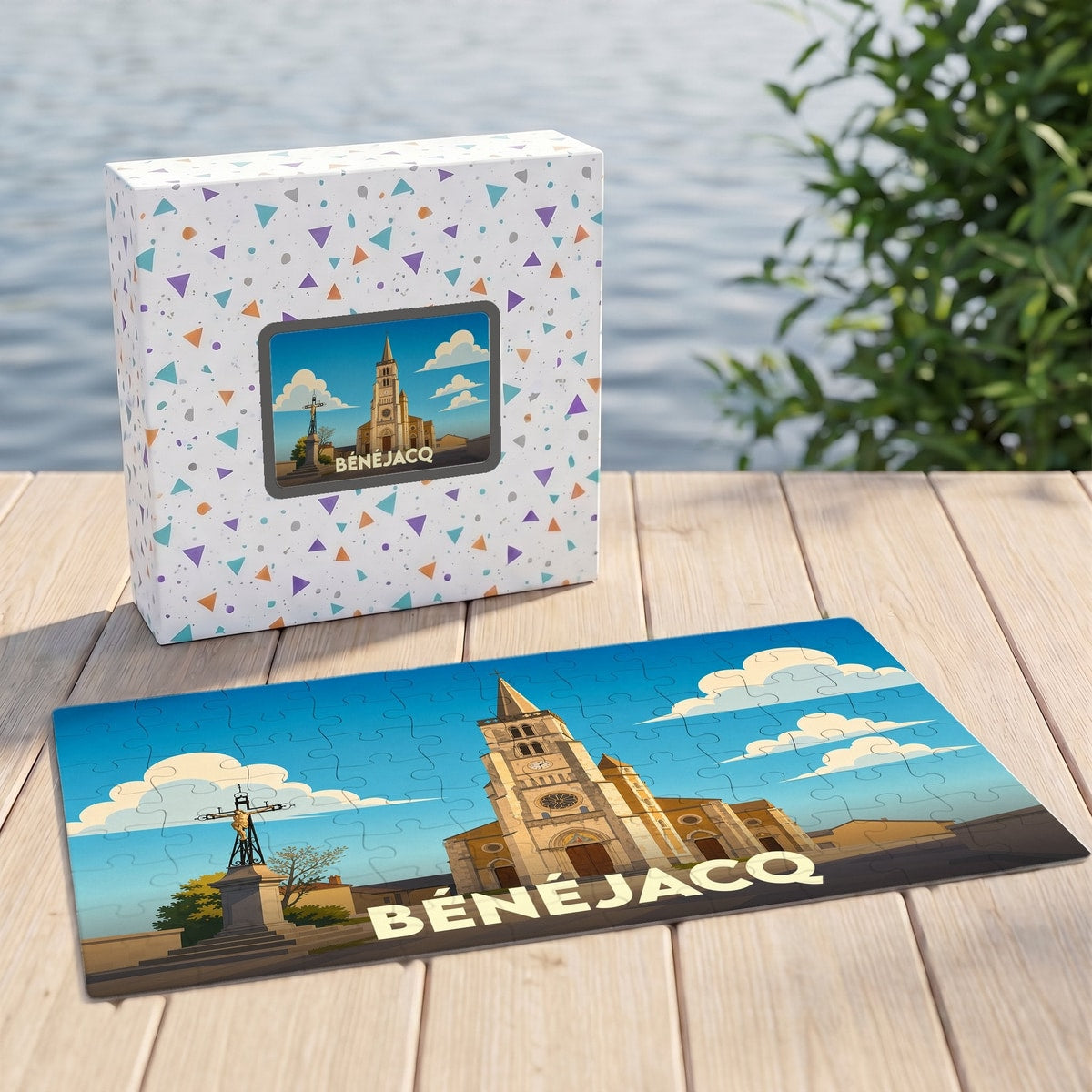 Puzzle souvenir de la ville de Bénéjacq avec une illustration stylisée de son église.