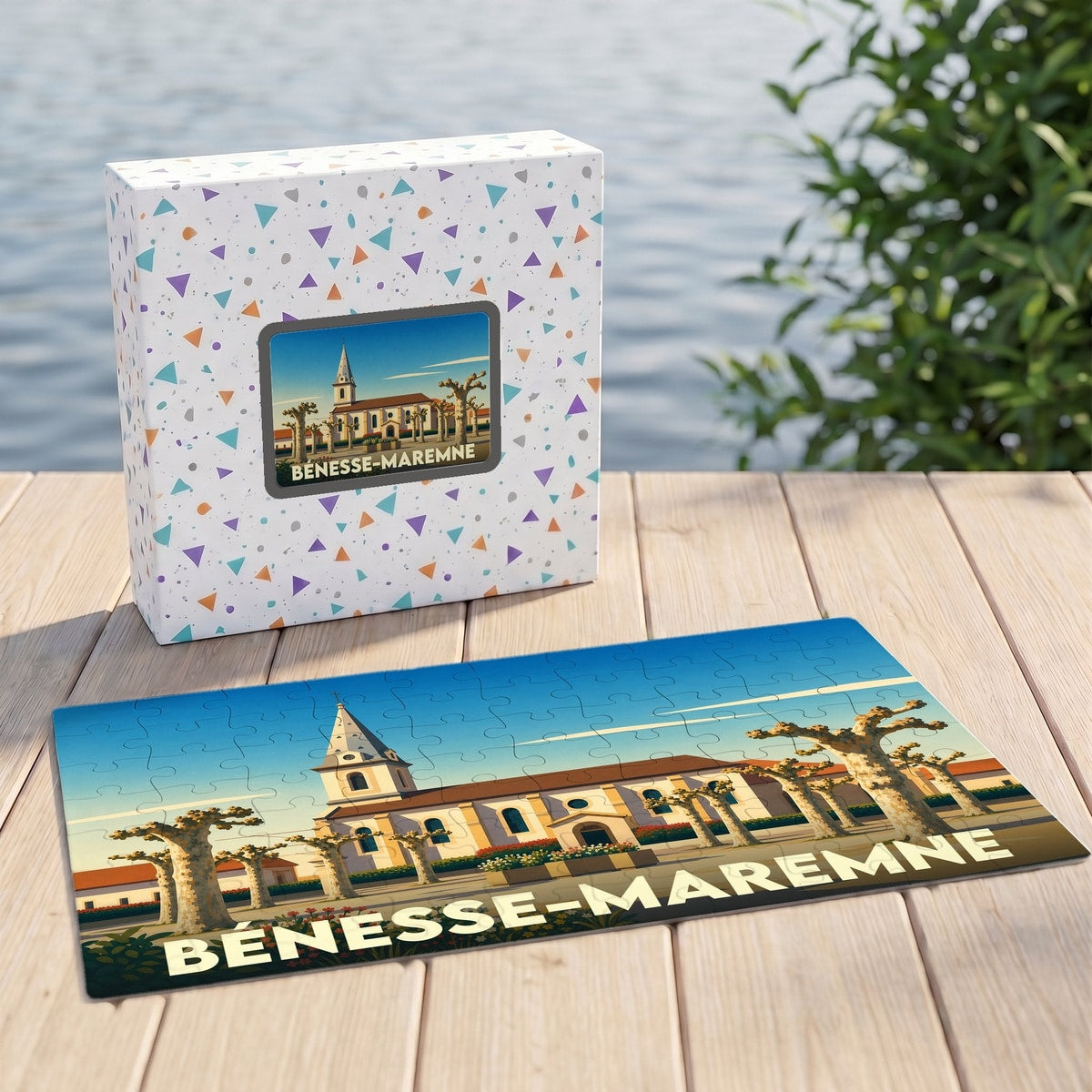 Puzzle souvenir de la ville de Bénesse-Maremne avec une illustration stylisée de son église.
