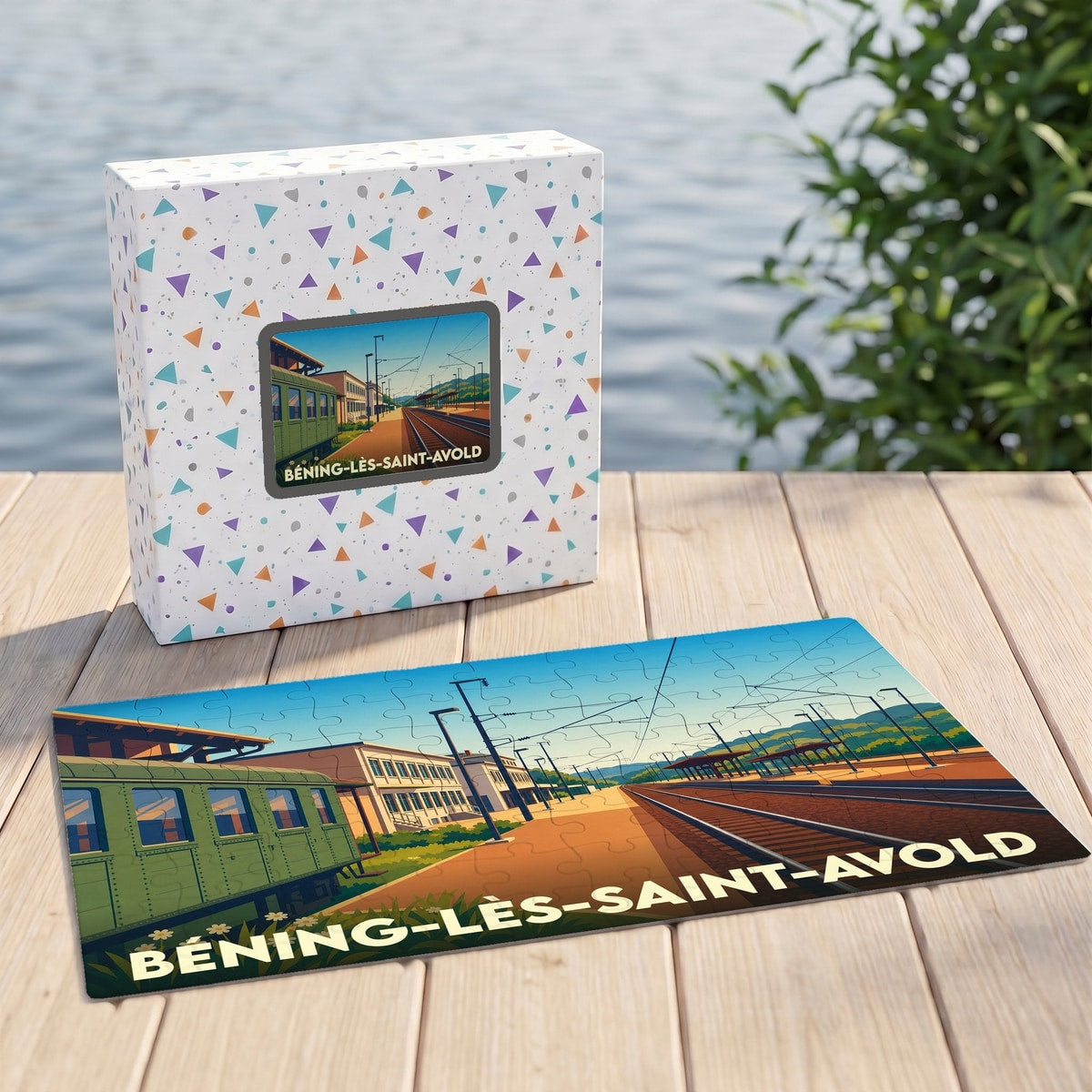 Puzzle souvenir de la ville de Béning-lès-Saint-Avold illustrant une gare ferroviaire dans un style graphique épuré.