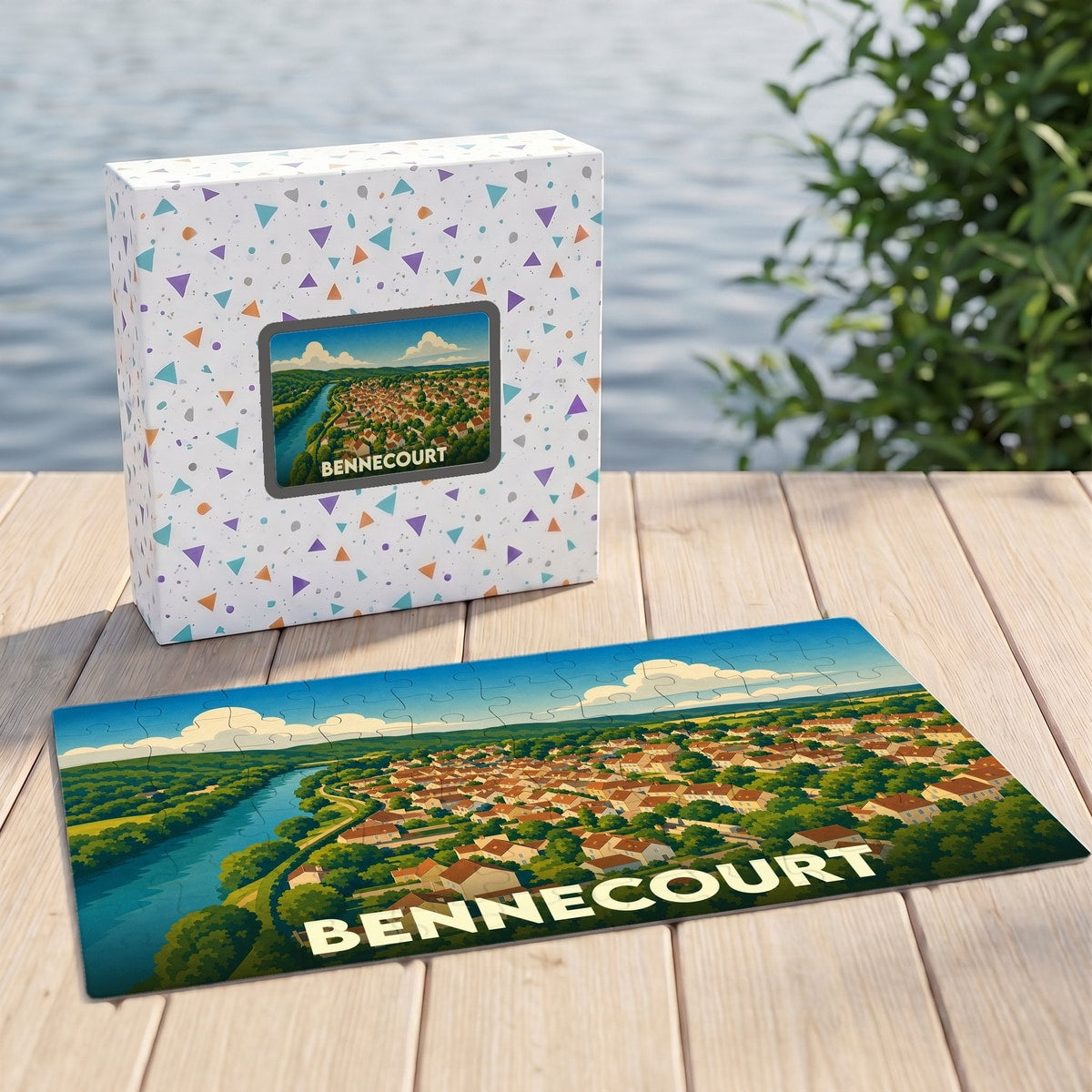 Puzzle souvenir de la ville de Bennecourt avec une illustration stylisée d'un paysage urbain au bord de l'eau.