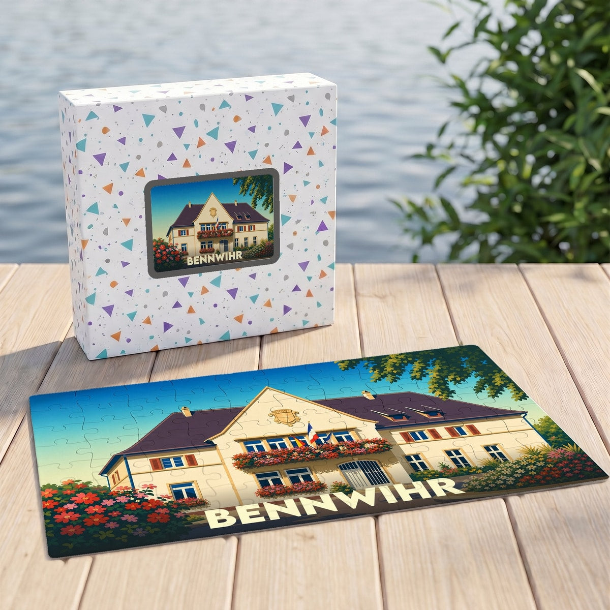 Puzzle souvenir de la ville de Bennwihr avec une illustration stylisée de sa mairie fleurie.