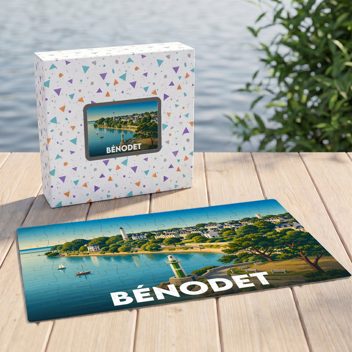Puzzle souvenir de la ville de Bénodet avec une illustration stylisée d'un paysage côtier.