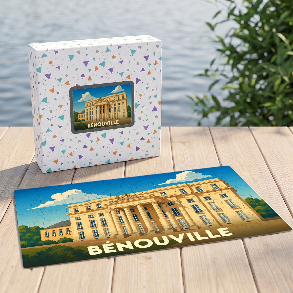 Puzzle souvenir de la ville de Bénouville avec une illustration stylisée du château.