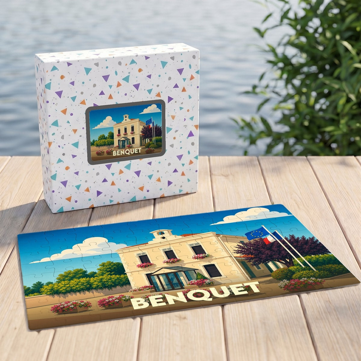 Puzzle souvenir de la ville de Benquet avec une illustration colorée de la mairie.