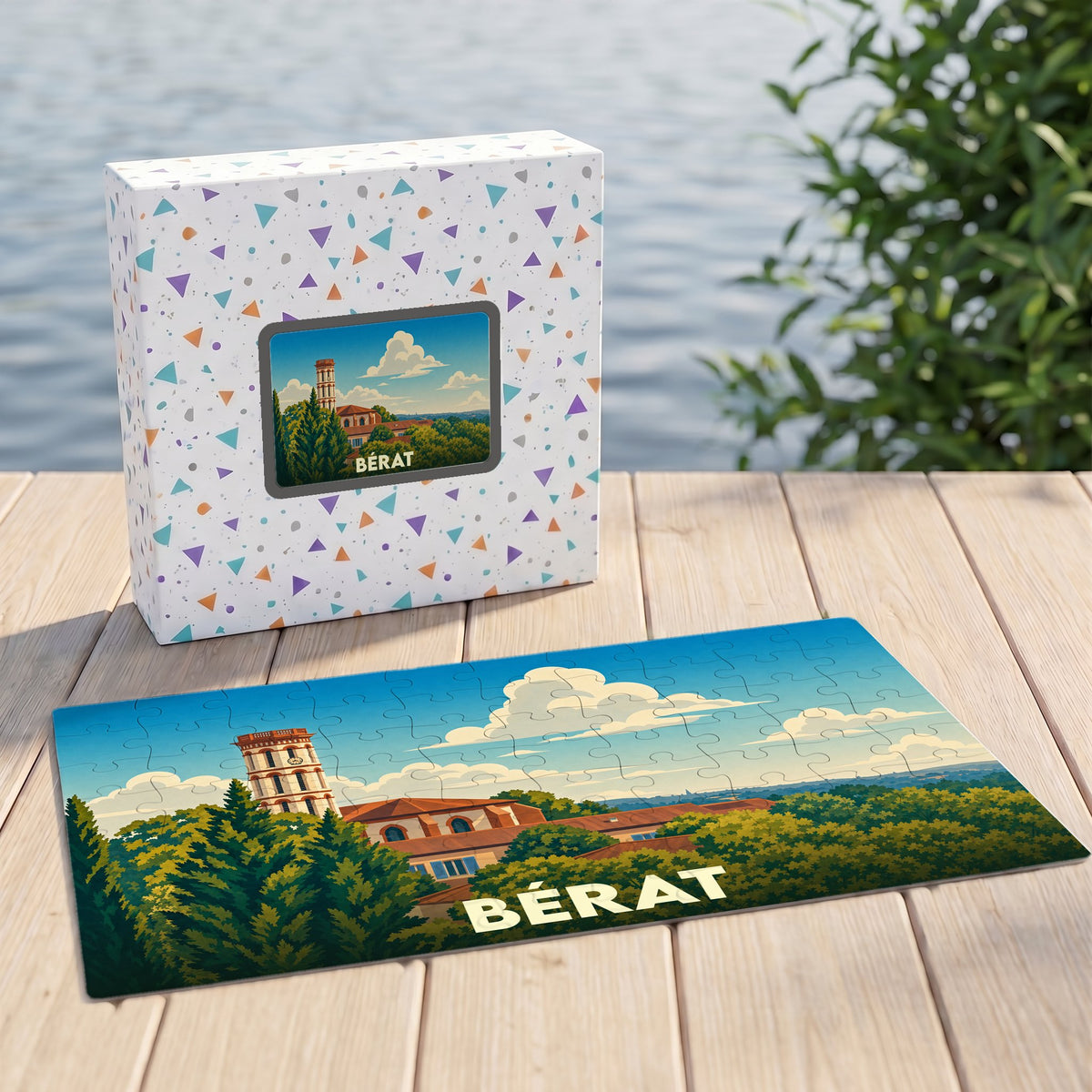 Puzzle souvenir de la ville de Bérat avec une illustration stylisée et colorée de son architecture.