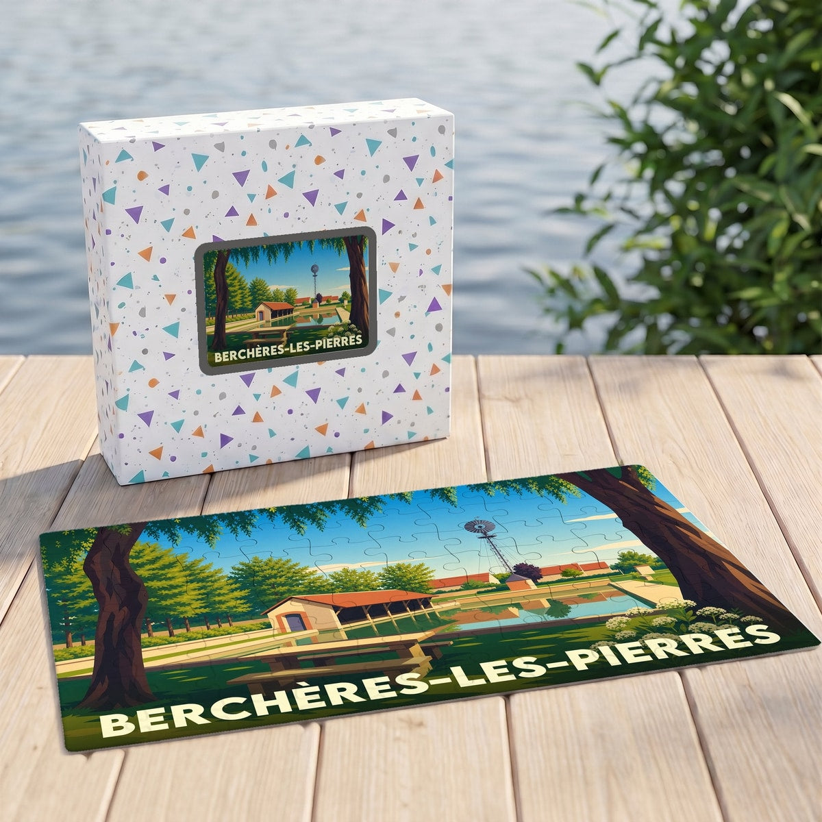 Puzzle souvenir de la ville de Berchères-les-Pierres avec une illustration stylisée de son paysage champêtre.