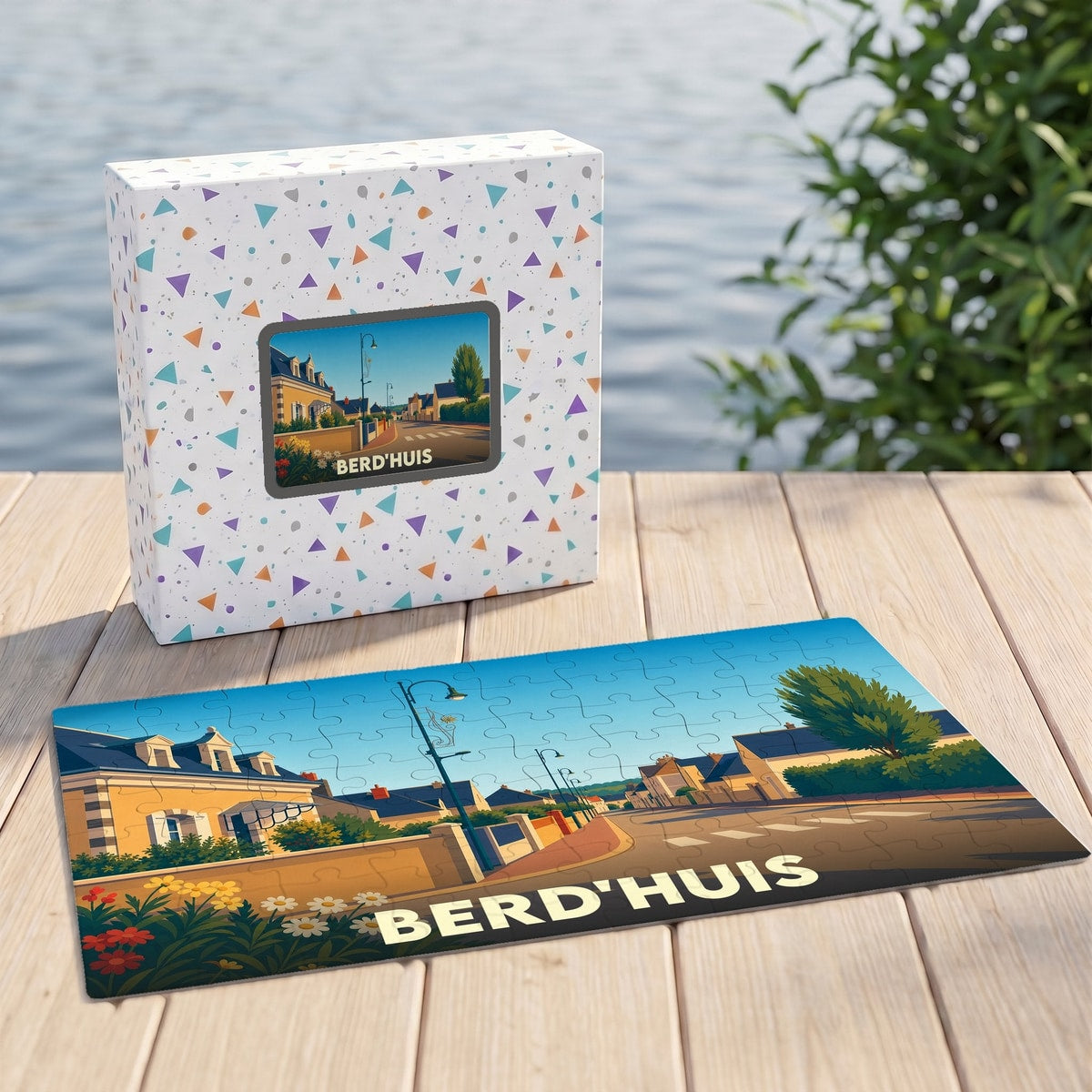 Puzzle souvenir de la ville de Berd'huis illustré d'une vue de rue stylisée et colorée.