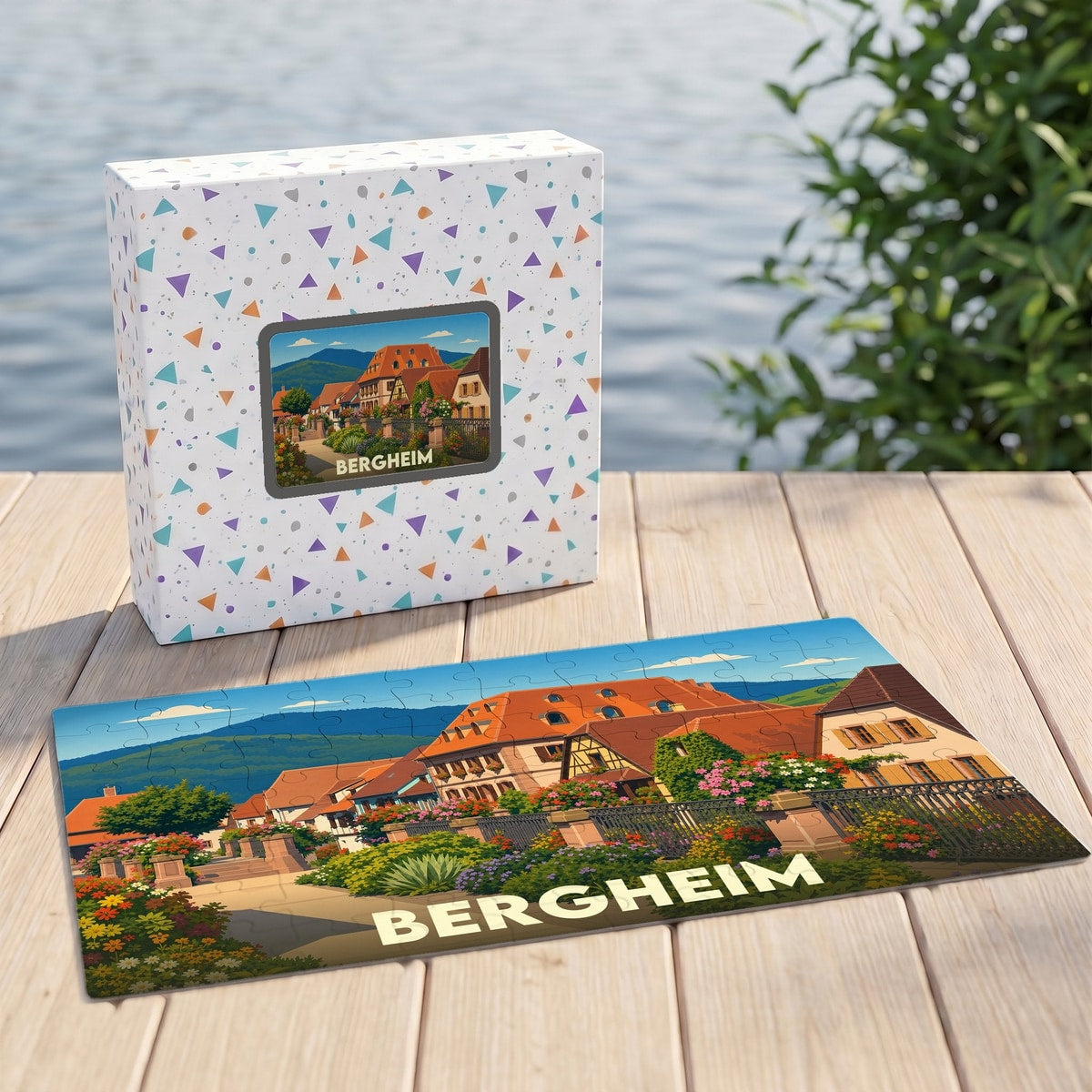 Puzzle souvenir de la ville de Bergheim avec une illustration stylisée d'un paysage urbain fleuri.
