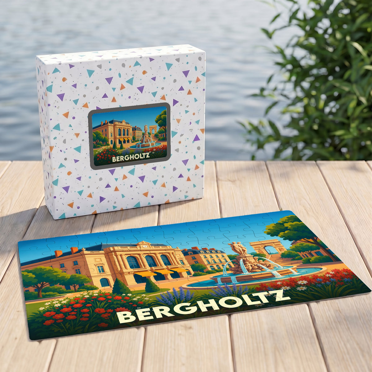 Puzzle souvenir de la ville de Bergholtz avec une illustration stylisée d'une place animée.