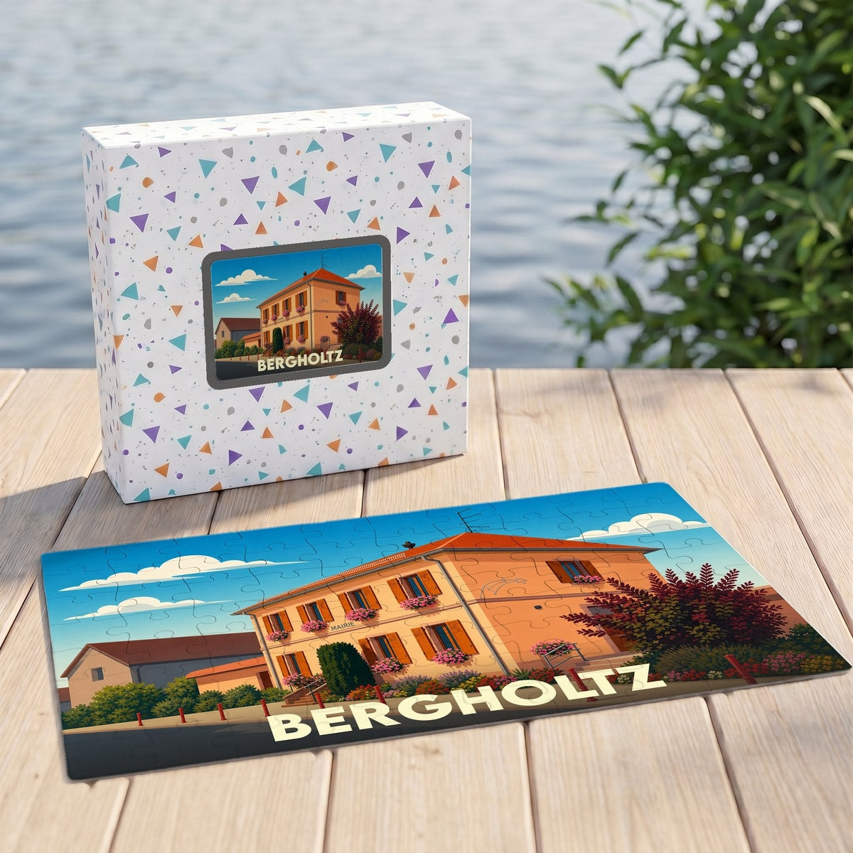 Puzzle souvenir de la ville de Bergholtz avec une illustration stylisée représentant la mairie.