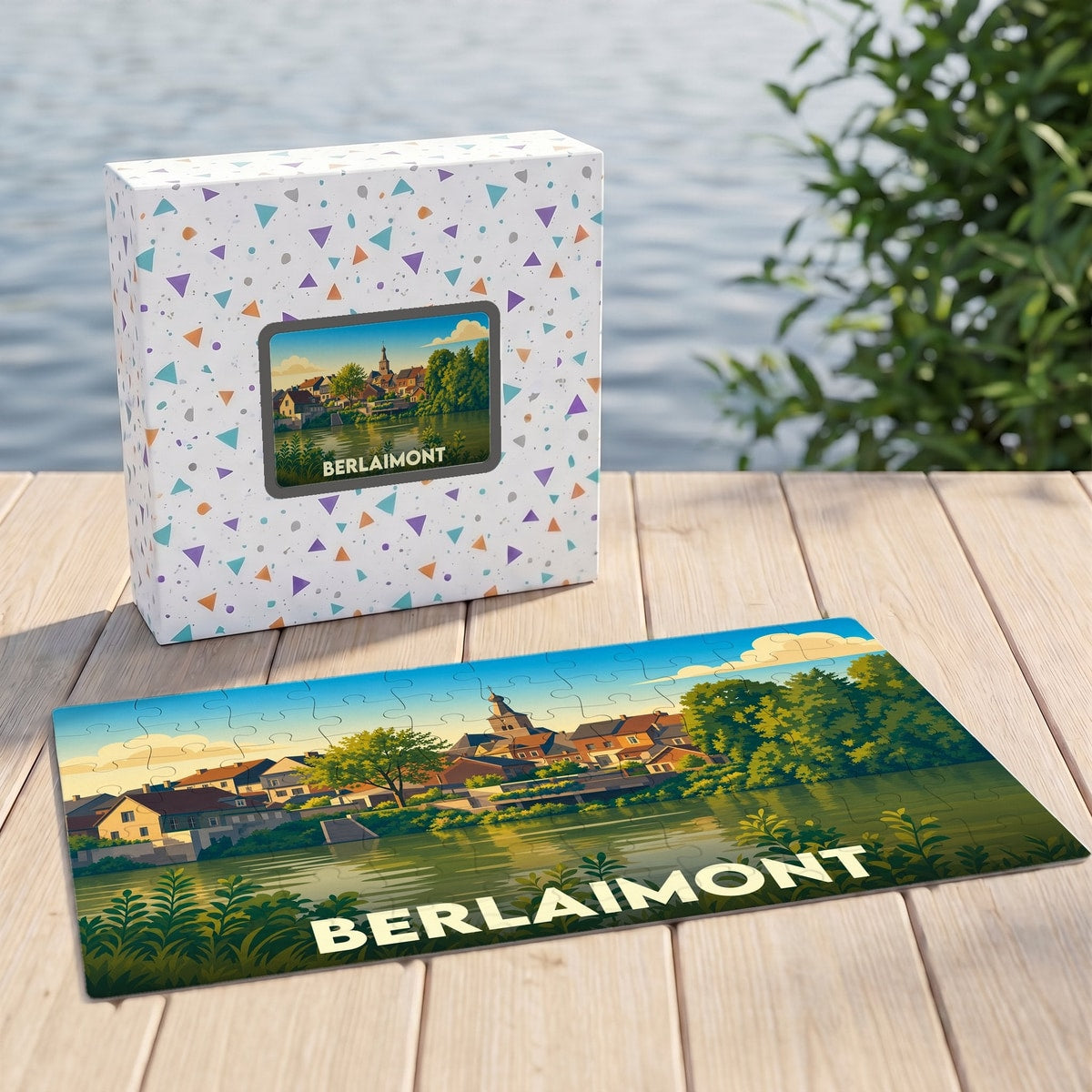Puzzle souvenir de la ville de Berlaimont avec une illustration stylisée d'un paysage fluvial.