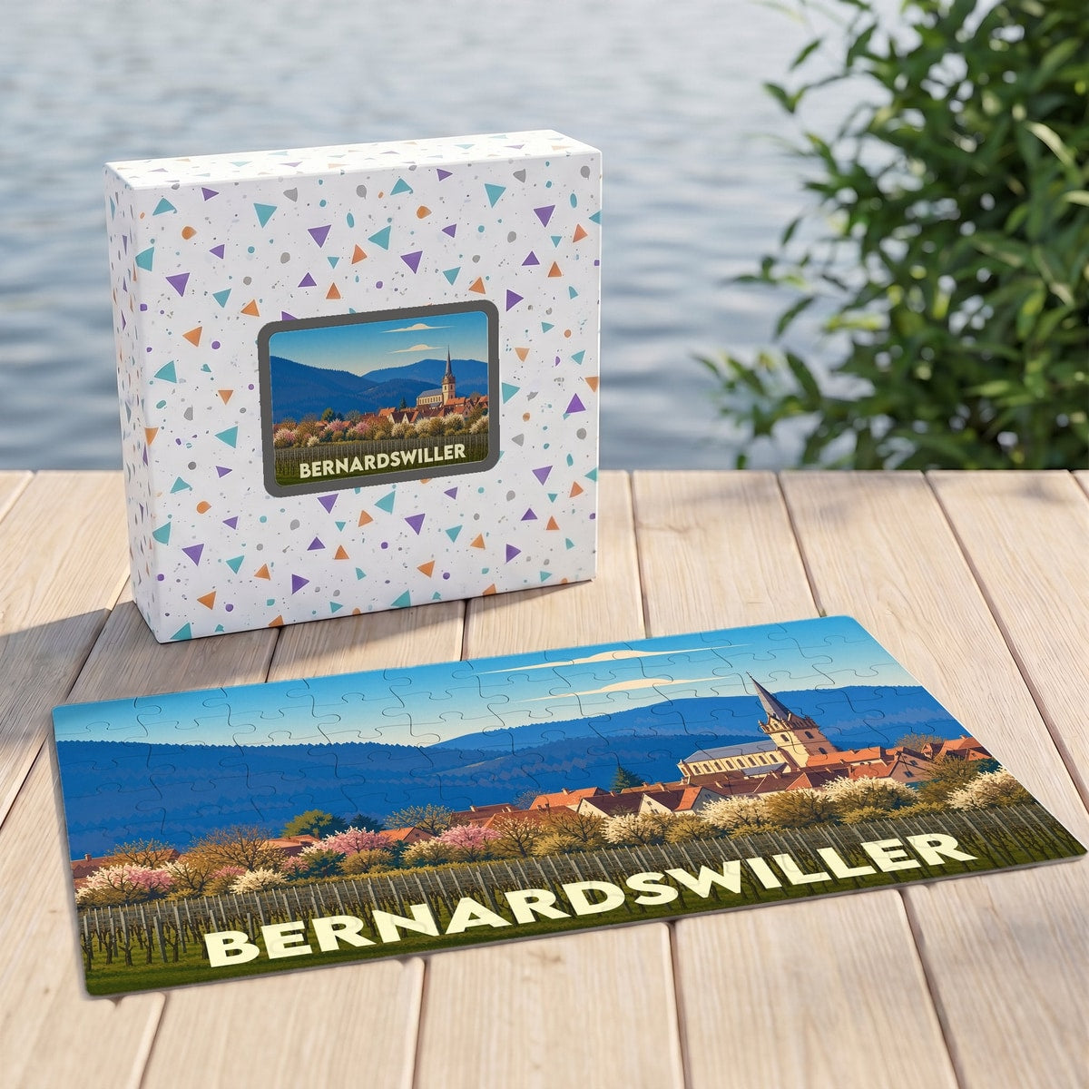Puzzle souvenir de la ville de Bernardswiller avec une illustration stylisée d'un paysage alsacien.