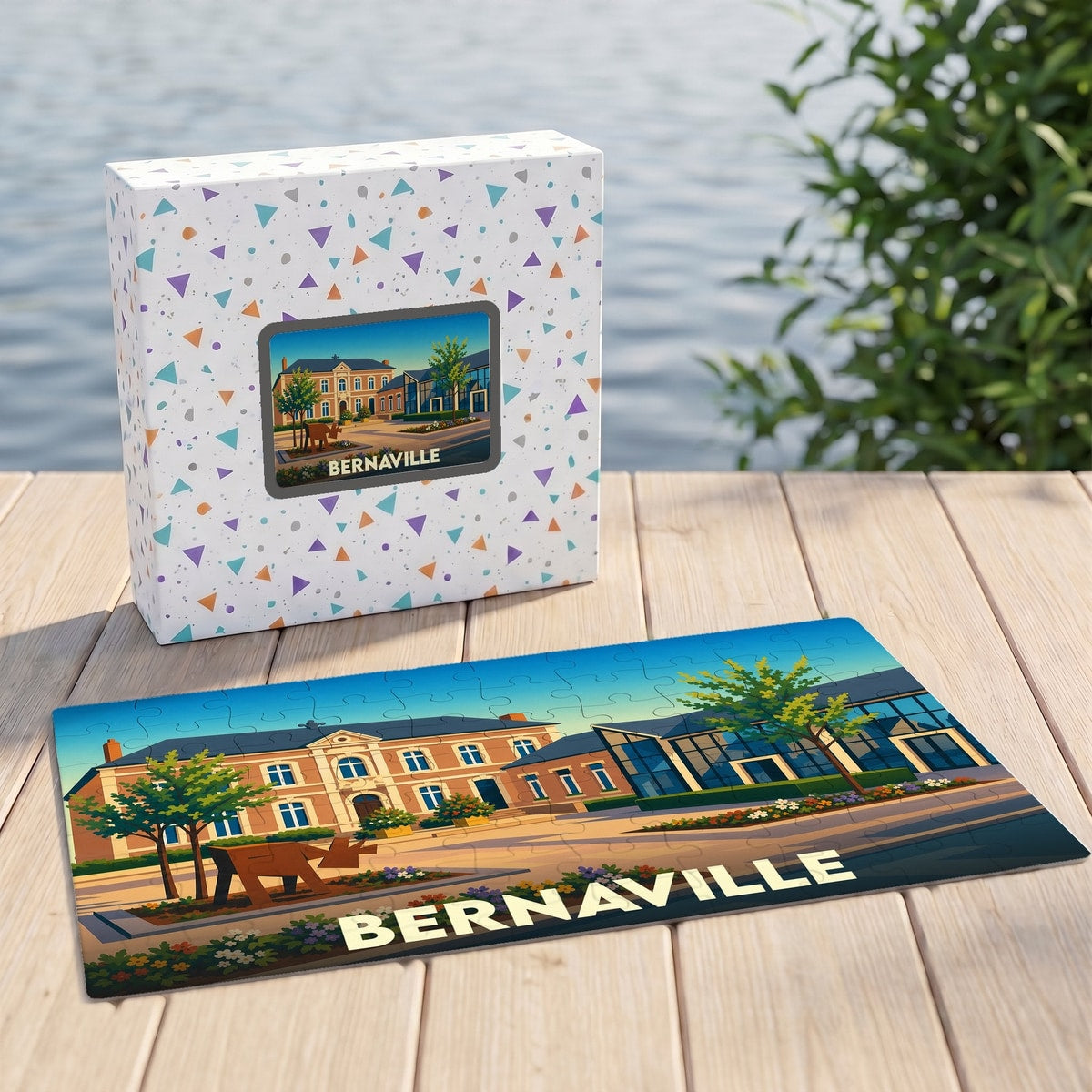 Puzzle souvenir de la ville de Bernaville avec une illustration stylisée de son architecture.