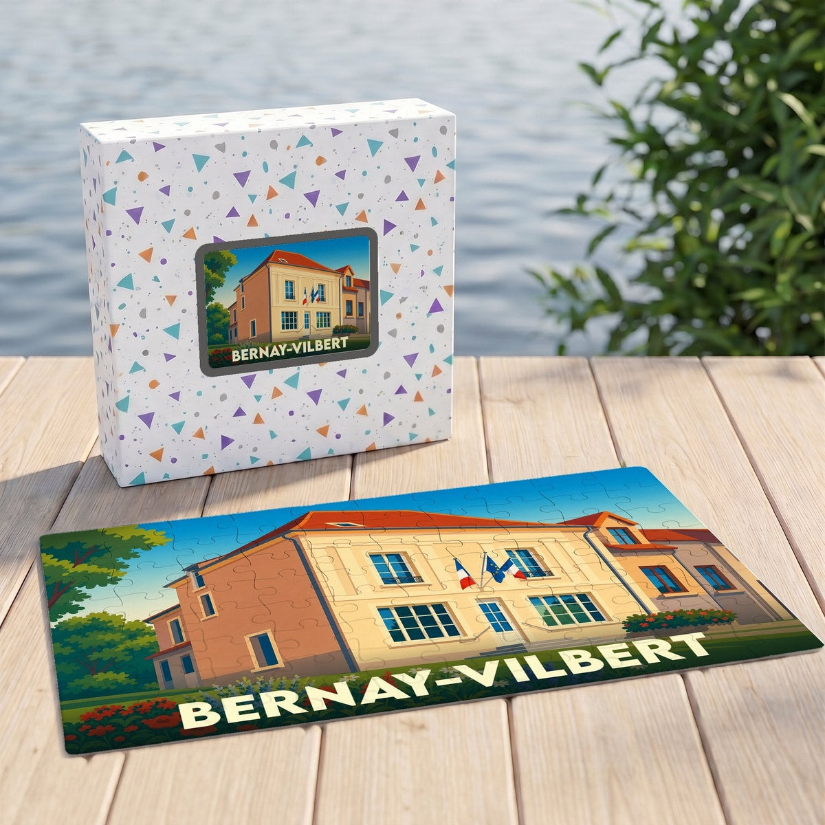 Puzzle souvenir de la ville de Bernay-Vilbert avec une illustration stylisée du bâtiment de la mairie.