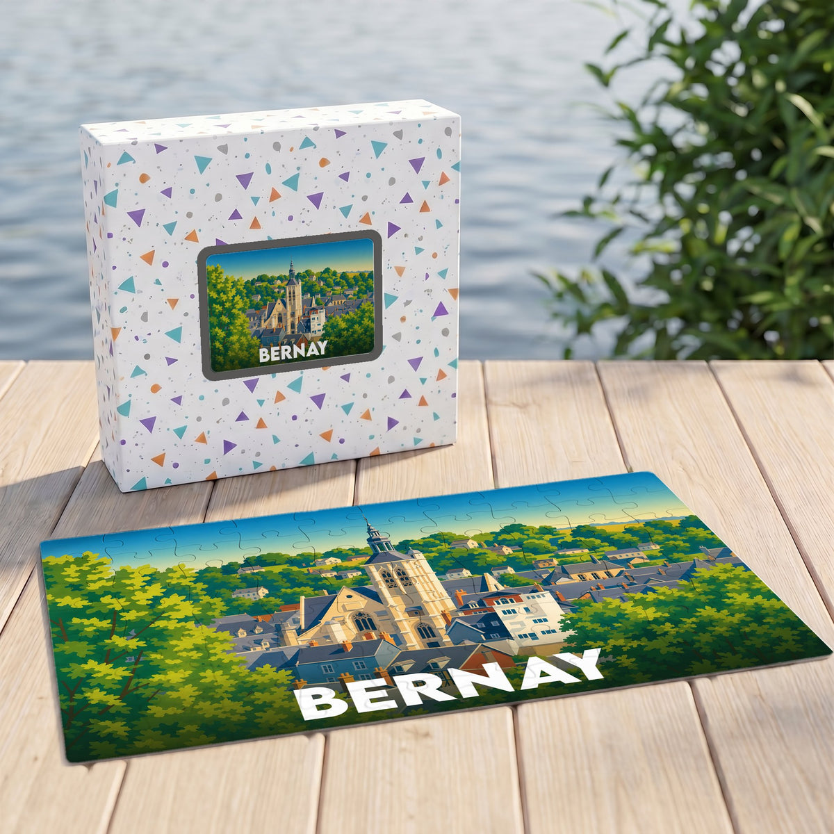 Puzzle souvenir de la ville de Bernay avec une illustration stylisée de ses toits et de son église.