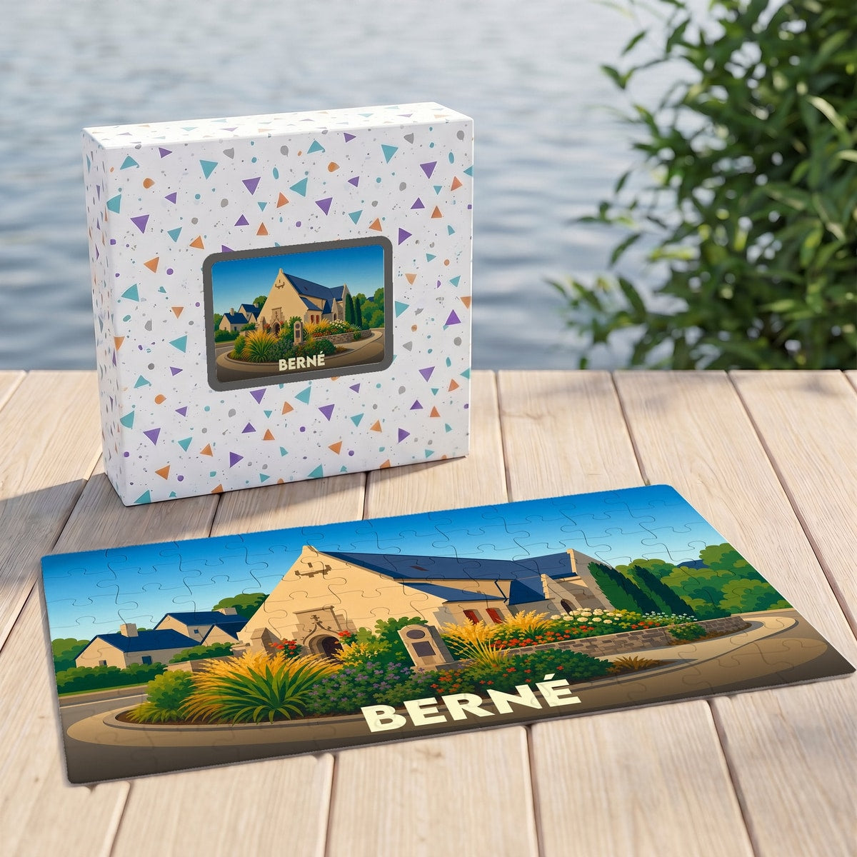 Puzzle souvenir de la ville de Berné illustrant son église avec un style graphique épuré.