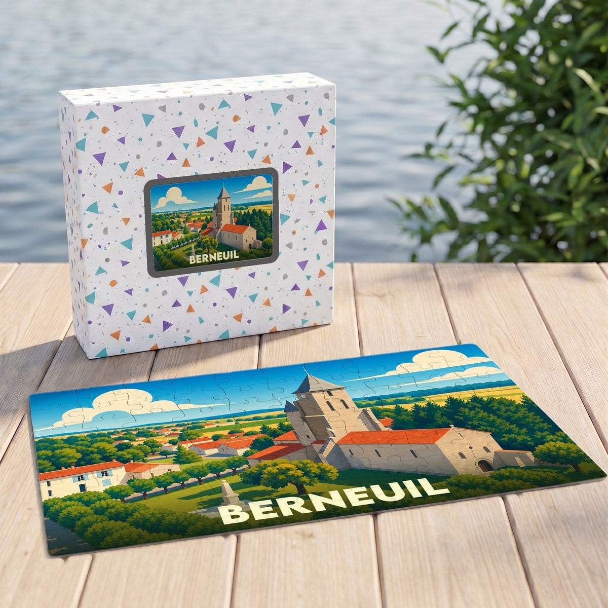 Puzzle souvenir de la ville de Berneuil illustré par une vue stylisée de son église et de son paysage.