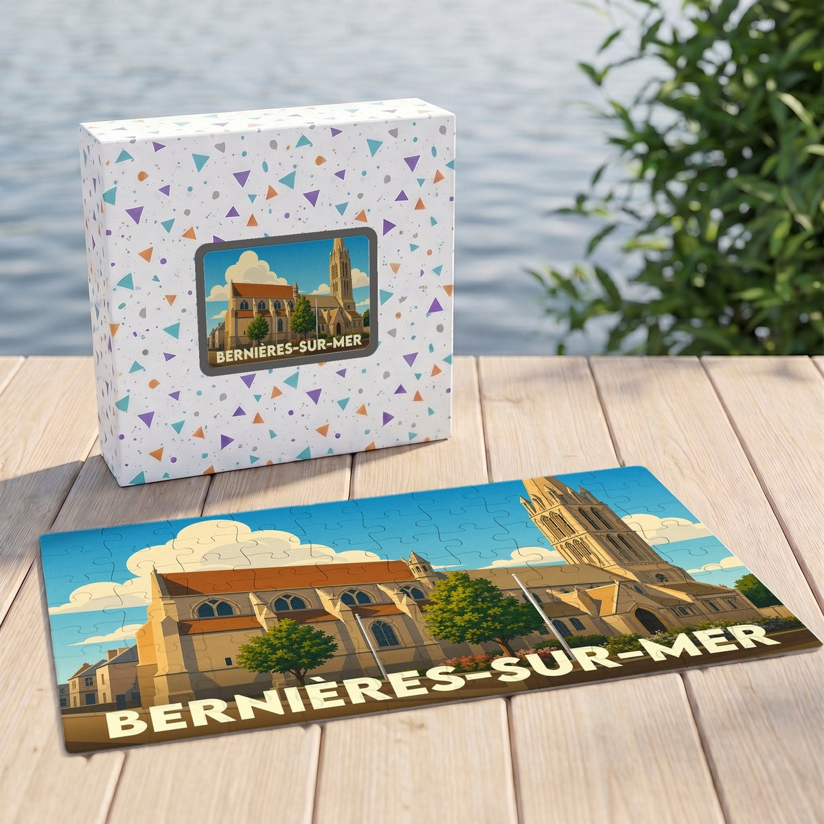 Puzzle souvenir de la ville de Bernières-sur-Mer avec une illustration stylisée de son église.