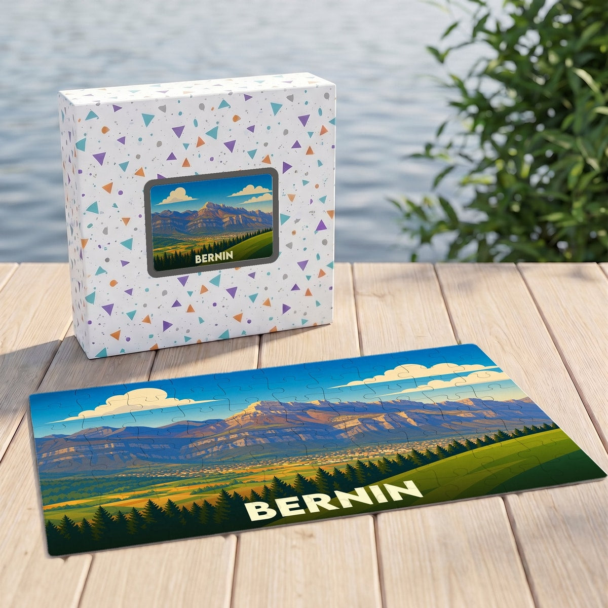 Puzzle souvenir de la ville de Bernin avec une illustration stylisée de montagne.