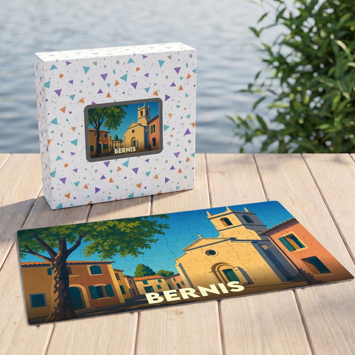 Puzzle souvenir de la ville de Bernis avec une illustration stylisée d'une place ensoleillée.