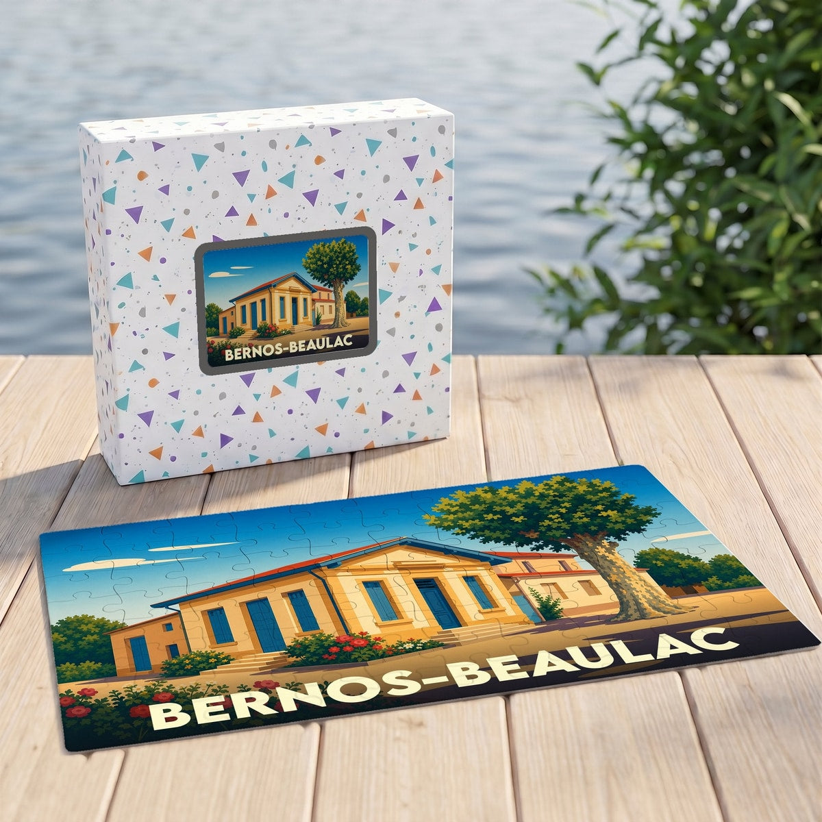 Puzzle souvenir de la ville de Bernos-Beaulac avec une illustration stylisée d'un bâtiment provençal.