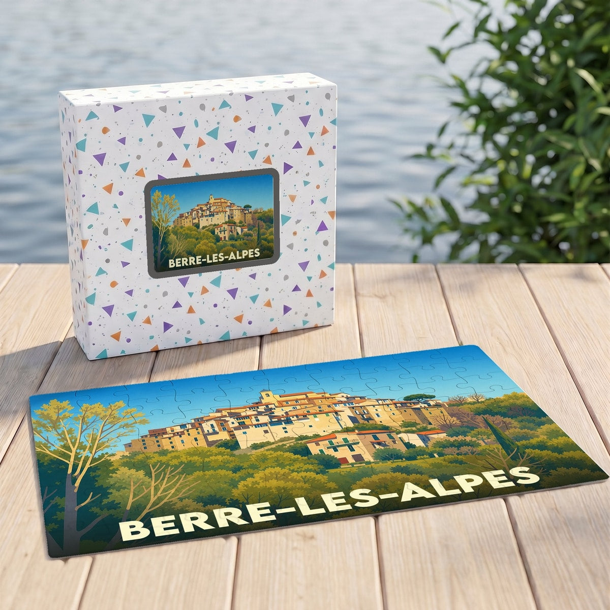 Puzzle souvenir de la ville de Berre-les-Alpes avec son illustration stylisée et sa boîte assortie.
