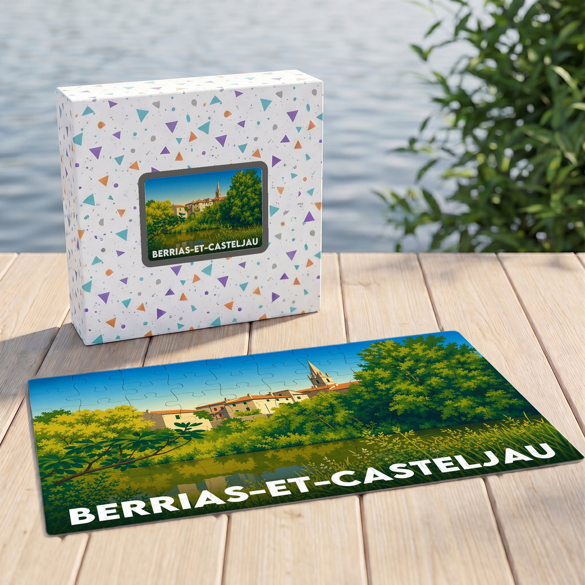Puzzle souvenir de Berrias-et-Casteljau avec une illustration paysagère stylisée.