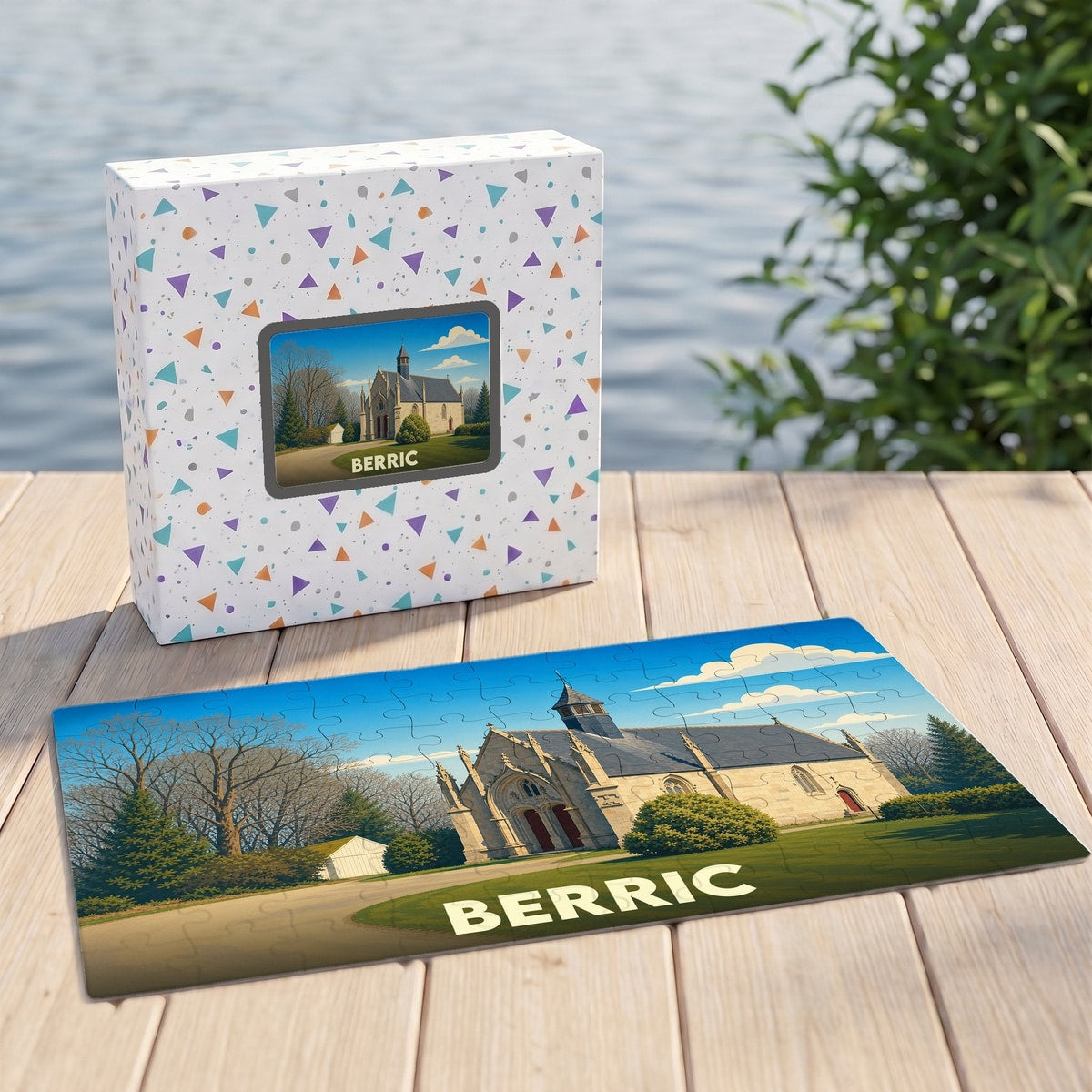 Puzzle souvenir de la ville de Berric représentant une église sous un ciel bleu.