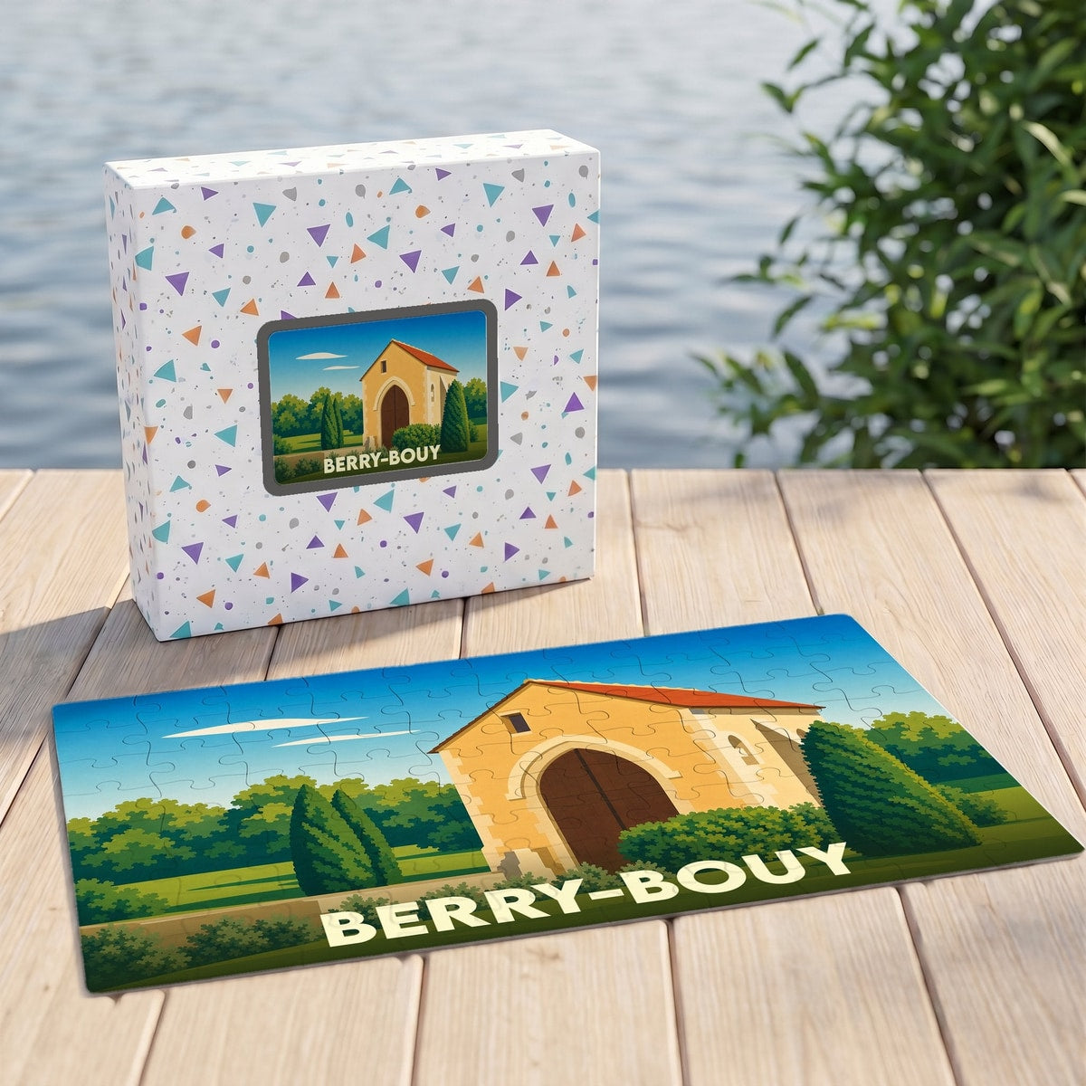 Puzzle souvenir de la ville de Berry-Bouy avec une illustration stylisée d'un bâtiment historique.